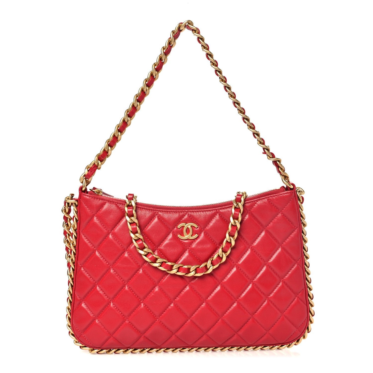 Chanel Shiny Crumpled Lambskin Quilted Large Trendy Chain Around Hobo Red