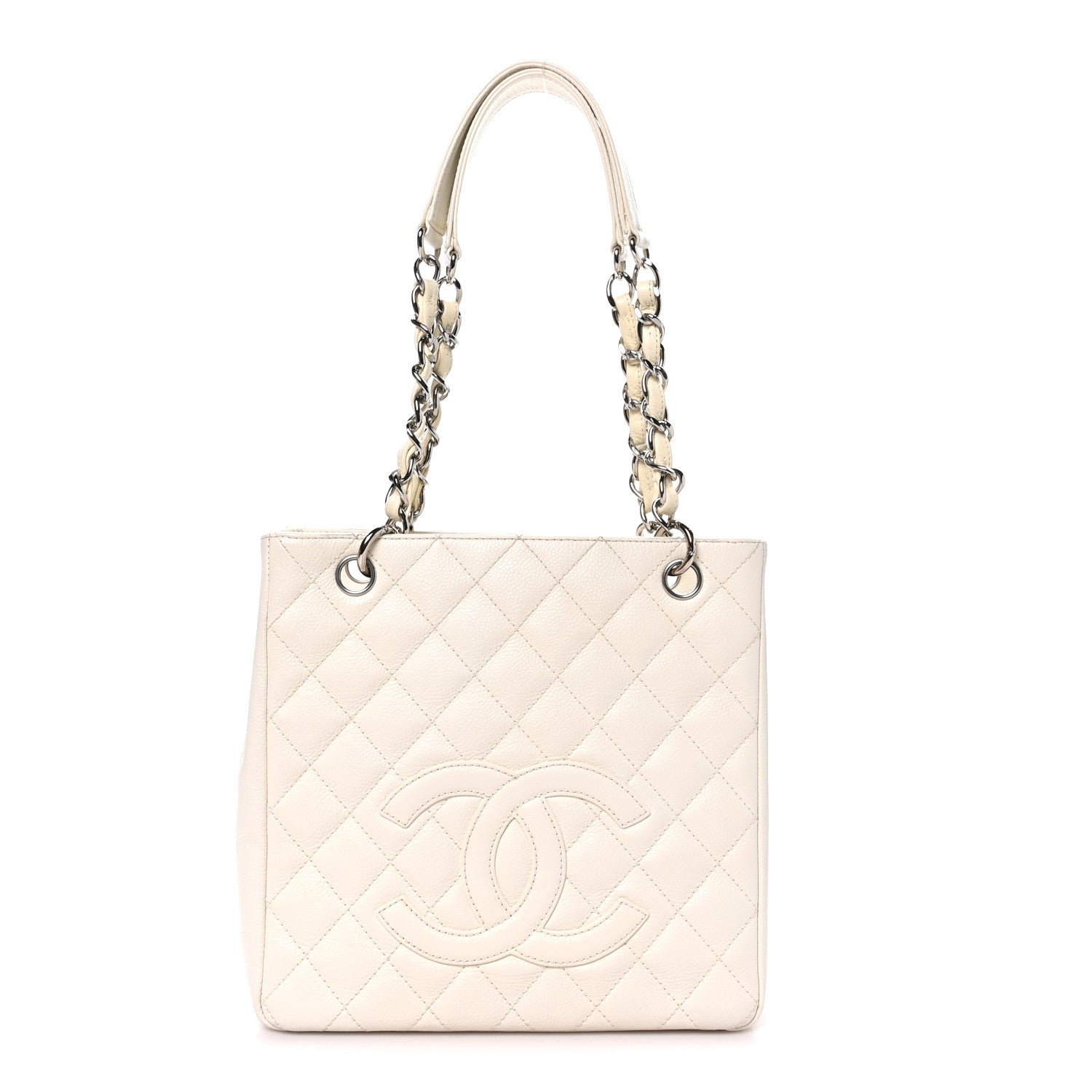 Caviar Quilted Petit Shopping Tote PST White