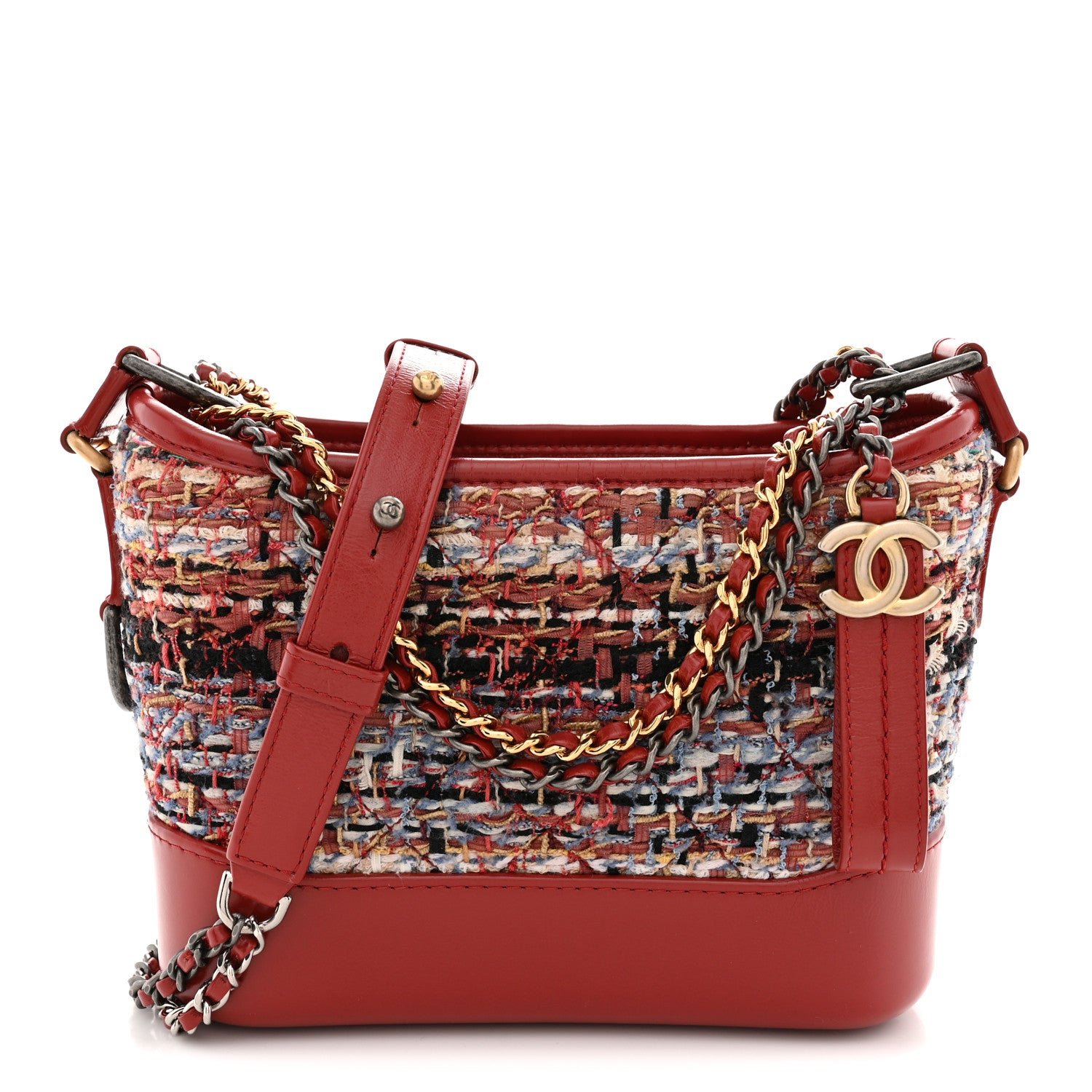 Chanel Tweed Calfskin Small Gabrielle Hobo Red