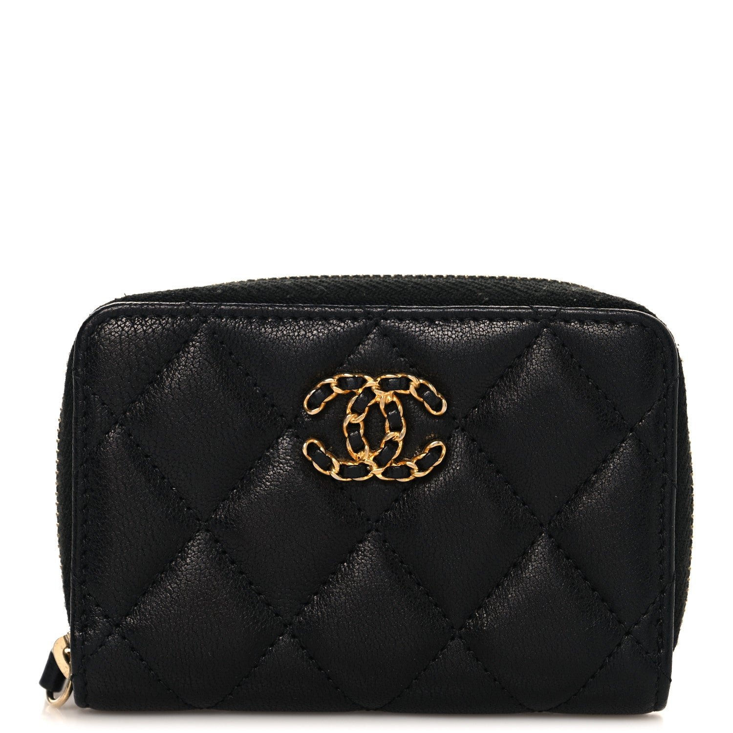 Chanel Goatskin Quilted Chanel 19 Zip Around Coin Purse Wallet Black