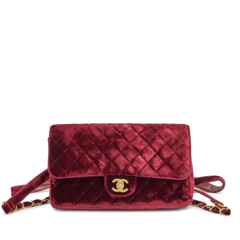 Vintage Burgundy Red Velvet Quilted Flap Backpack Gold Hardware, 1994-1996