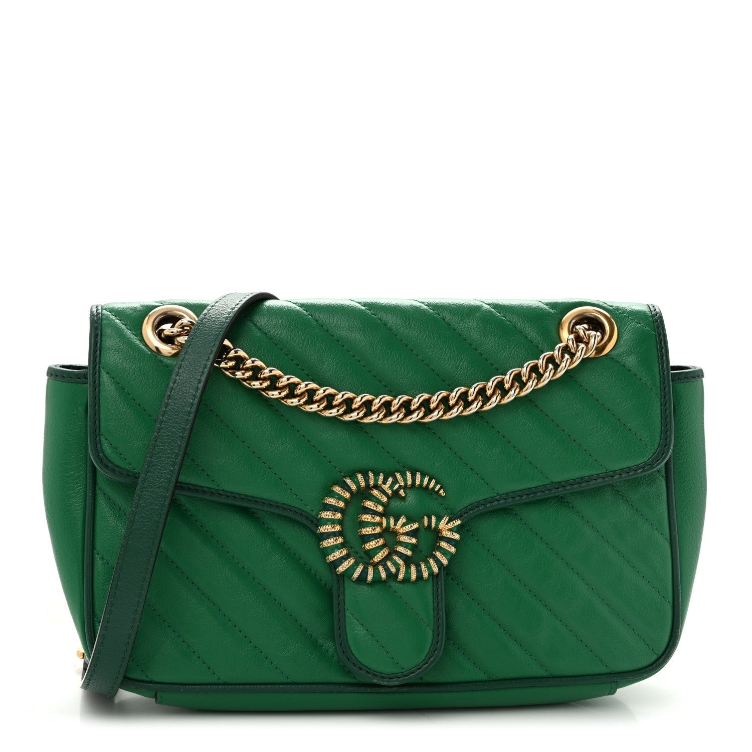 Gucci Azalea Calfskin Enamel Matelasse Diagonal Small Torchon GG Marmont Shoulder Bag New Shamarock Emerald
