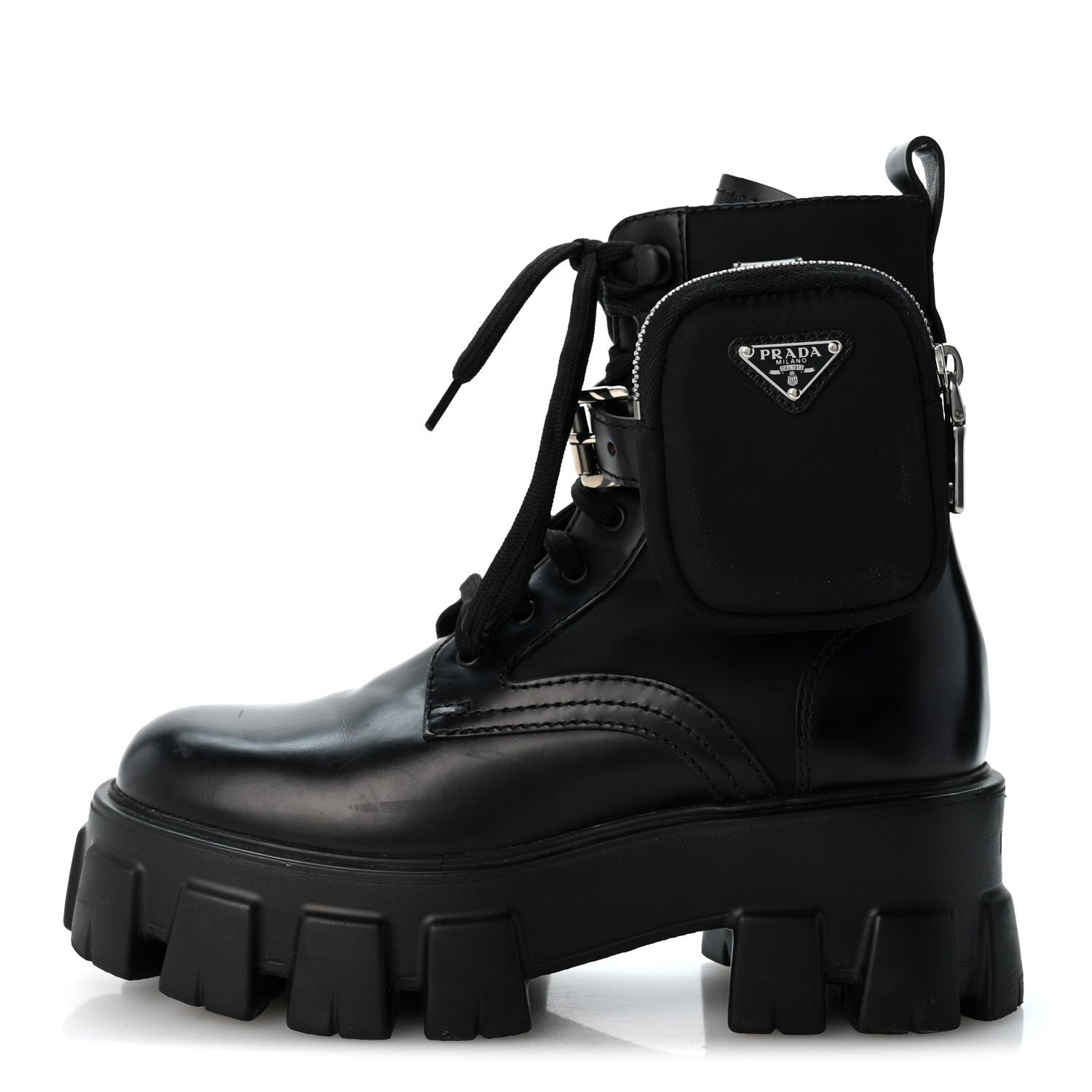 Prada Prada Spazzolato Rois Nylon Metal Triangle Logo Monolith Pouch Pocket 55mm Boots 35 Black