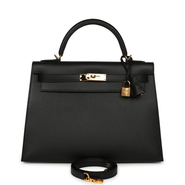 Pre-owned Hermes Kelly Sellier 32 Black Epsom Gold Hardware