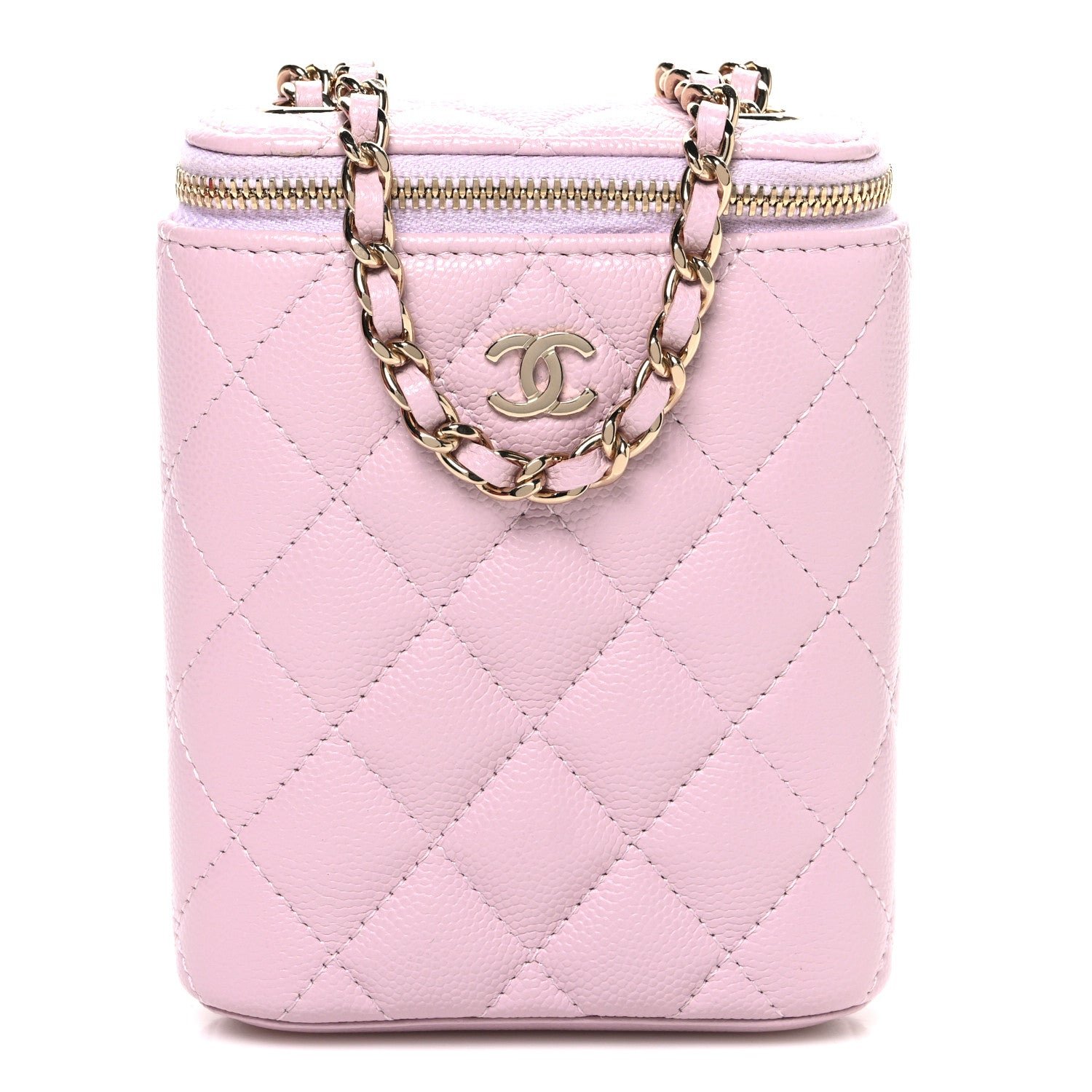 Chanel Caviar Quilted Small Vertical Coco Beauty Vanity Case With Chain Light Pink