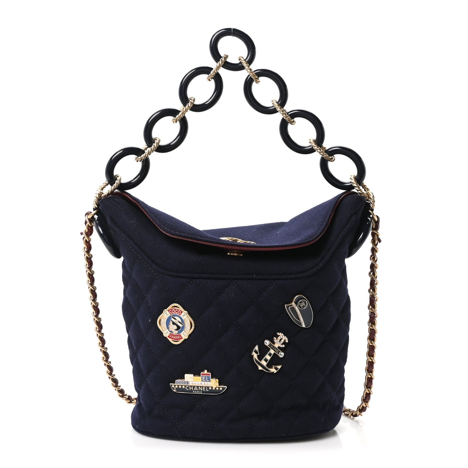 Chanel Wool Lambskin Quilted Paris Hamburg Charms Bucket Bag Dark Navy