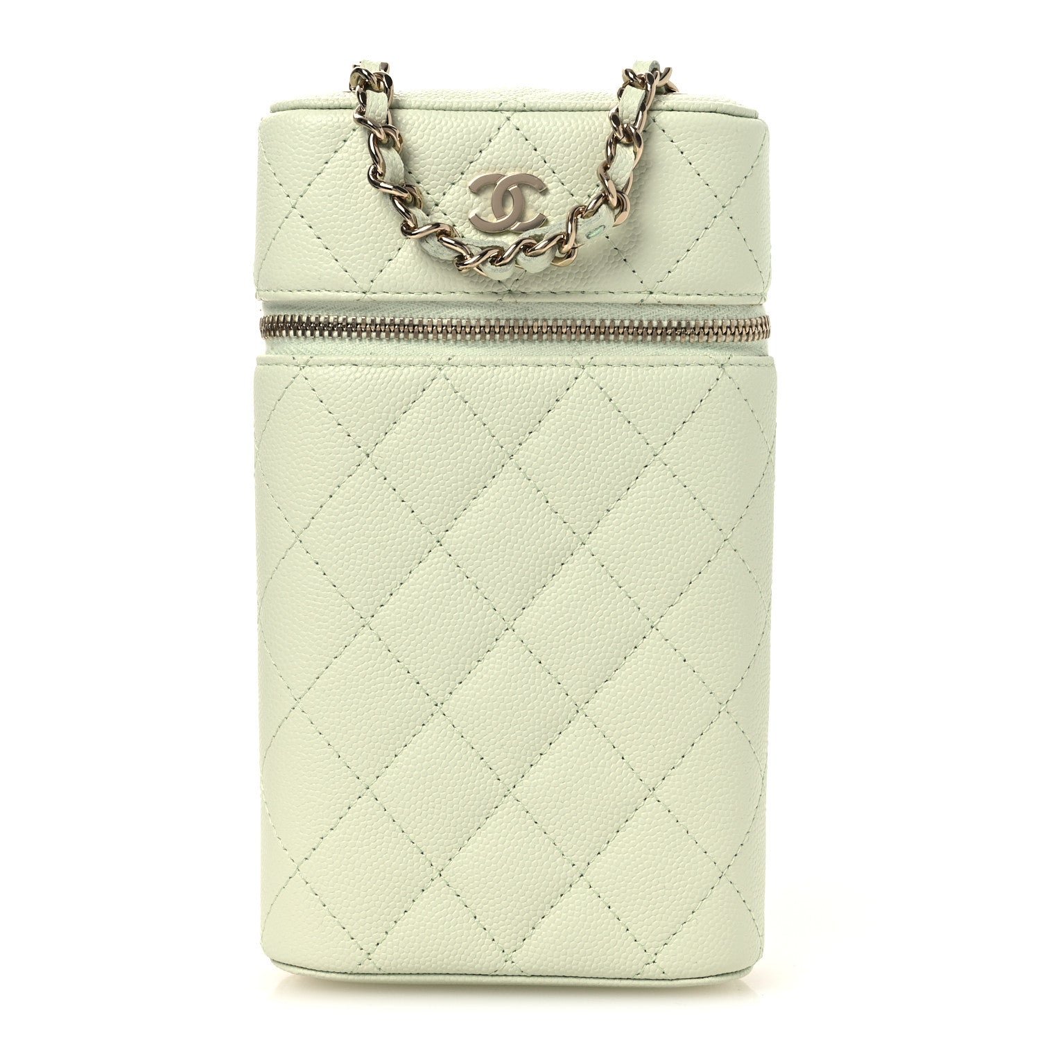 Chanel Caviar Quilted Phone Holder With Chain Light Green