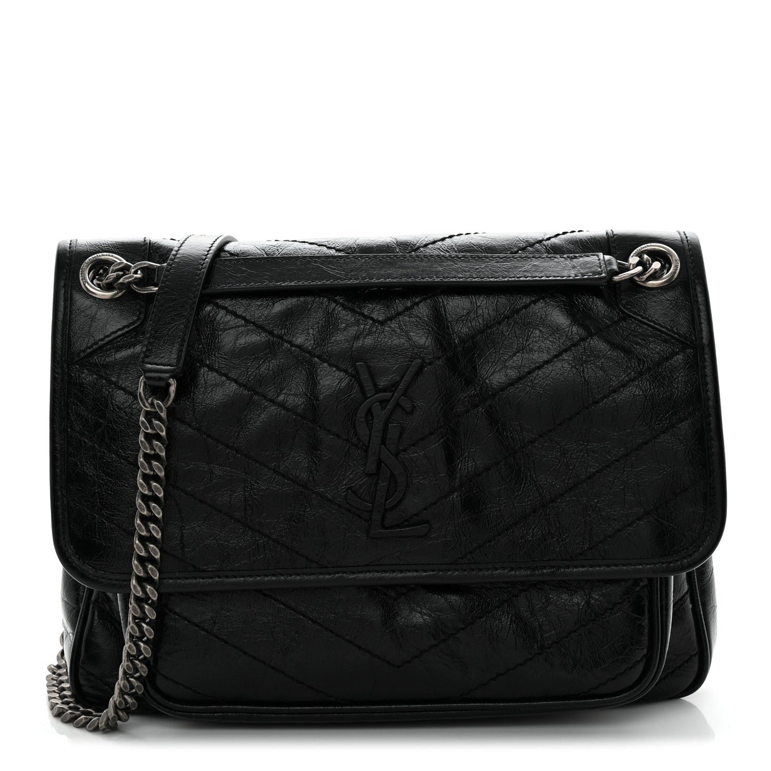 Saint Laurent Crinkled Calfskin Matelasse Monogram Medium Niki Chain Satchel Black