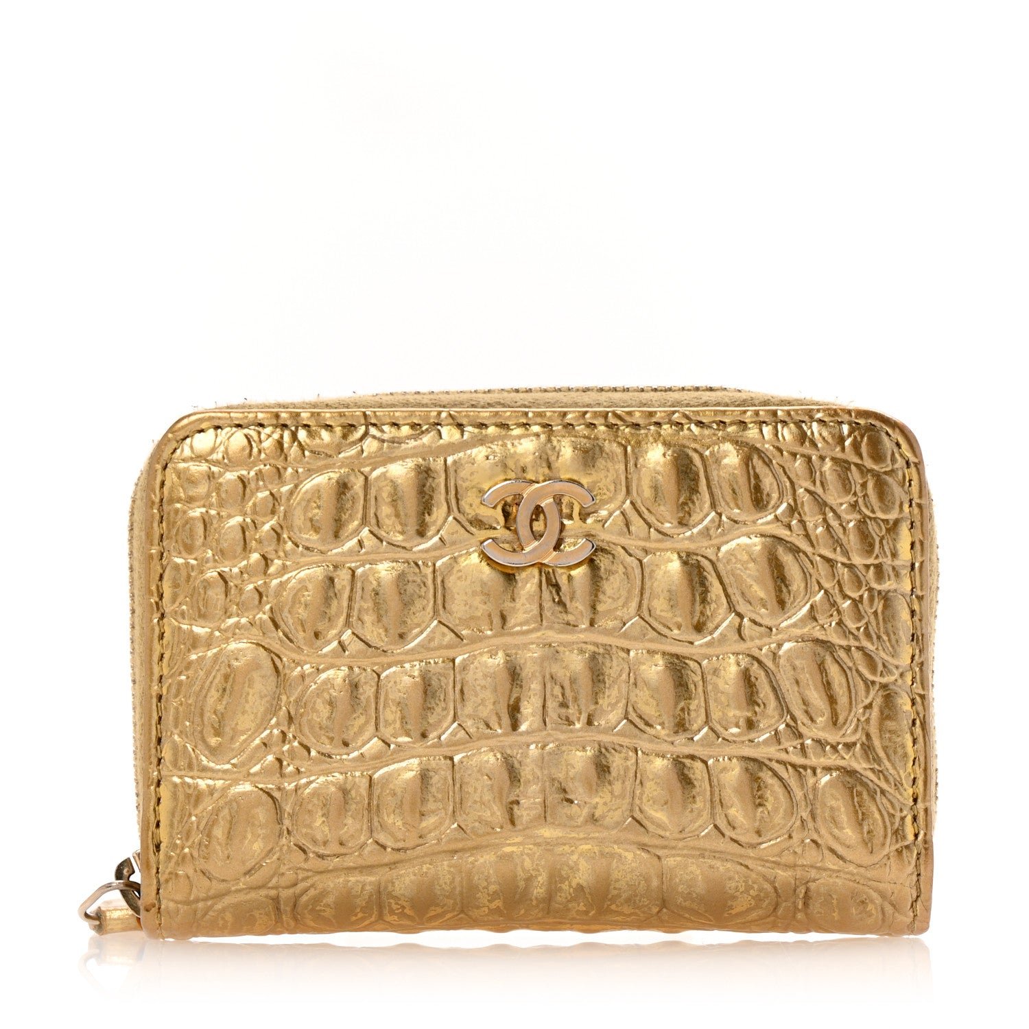 Chanel Metallic Calfskin Crocodile Embossed Cocodile Zip Coin Case Gold