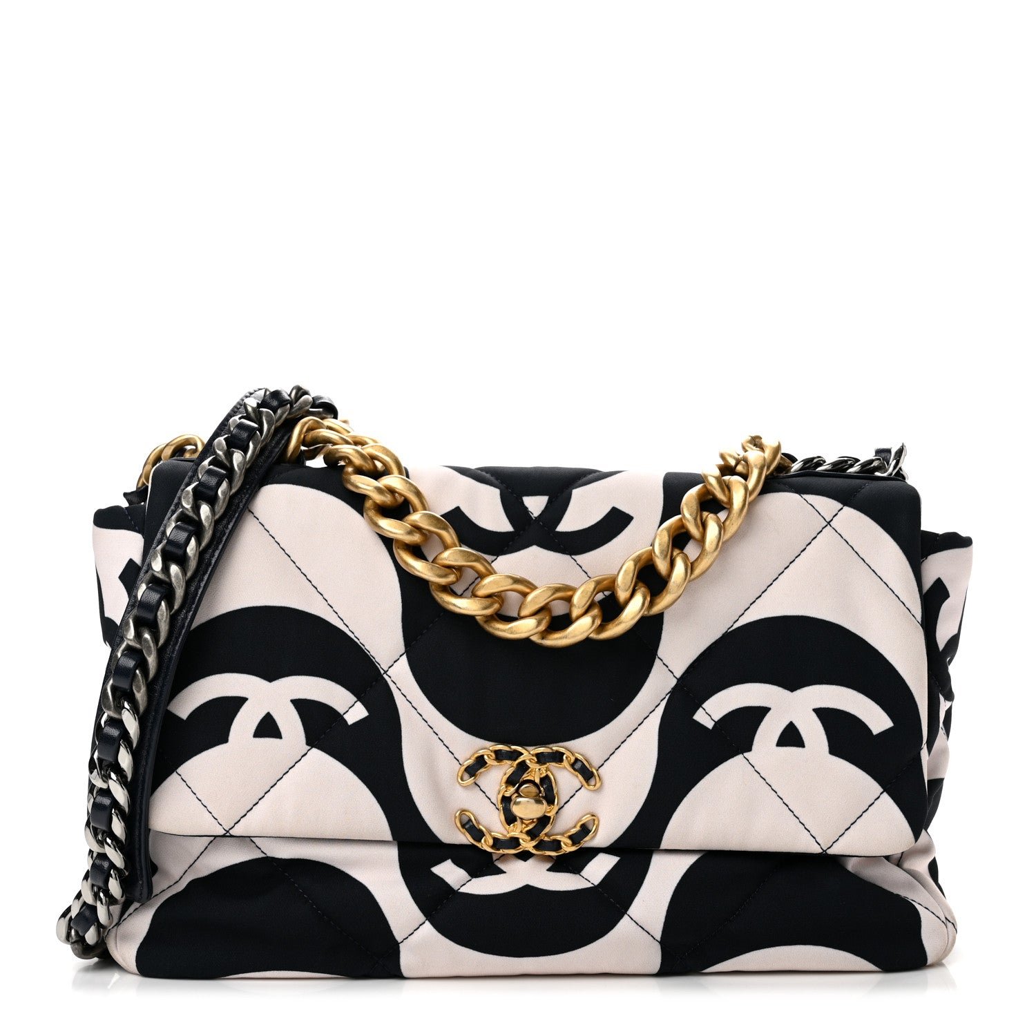 Chanel Fabric Printed Large Chanel 19 Flap Black Ecru