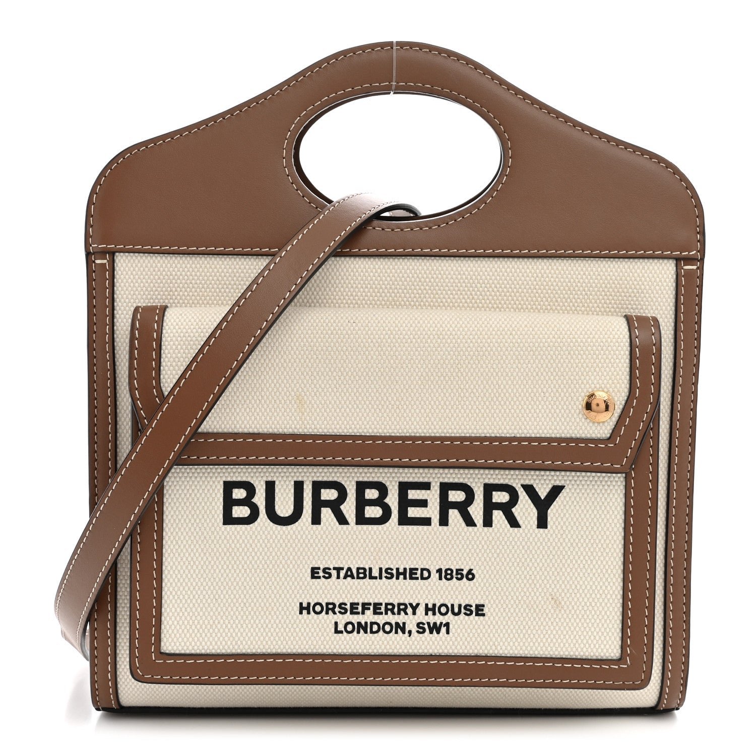 Burberry Canvas Smooth Calfskin Two Tone Mini Pocket Bag Natural Malt Brown