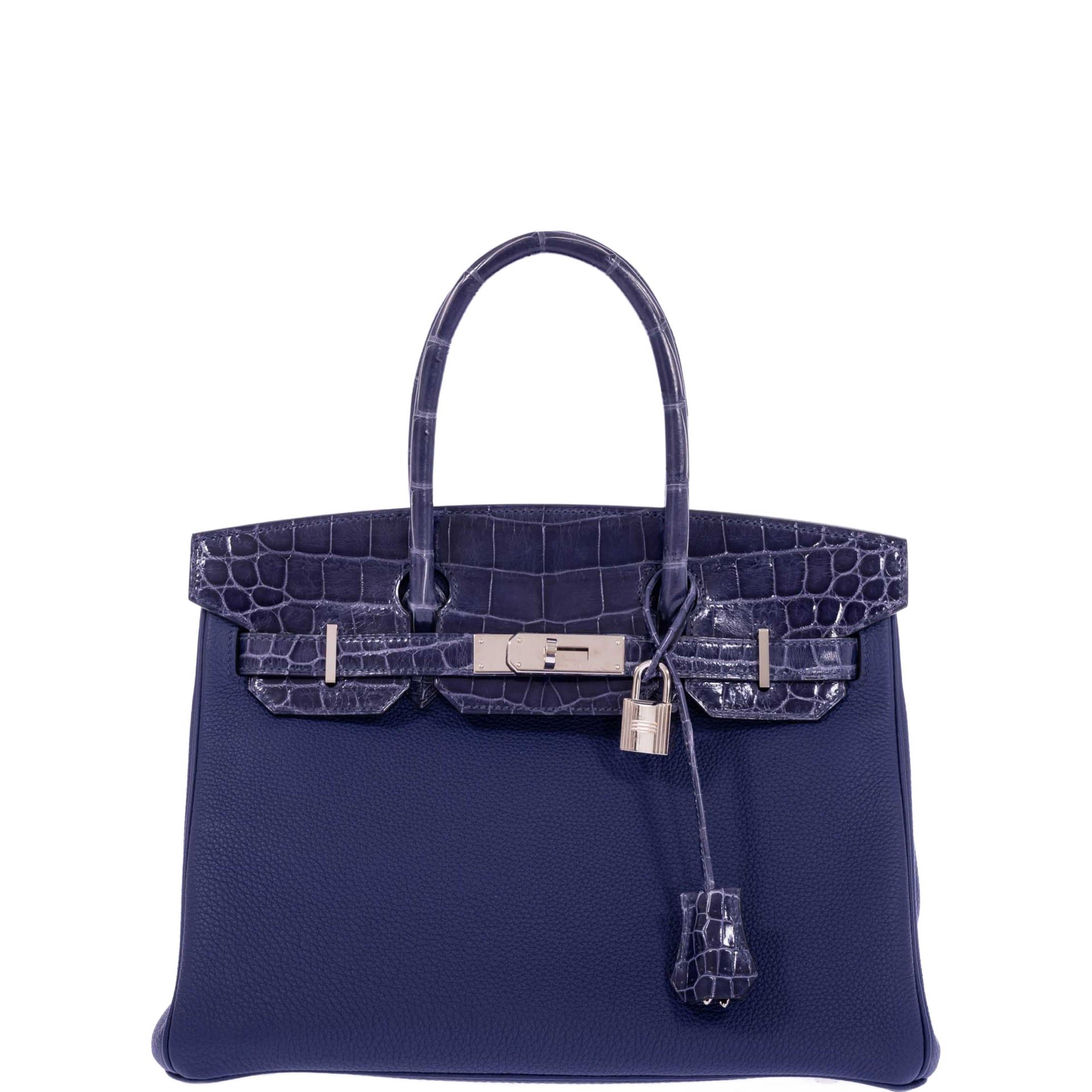 Hermes Hermès Touch Birkin 30 Bleu Encre Togo and Shiny Niloticus Crocodile Palladium Hardware