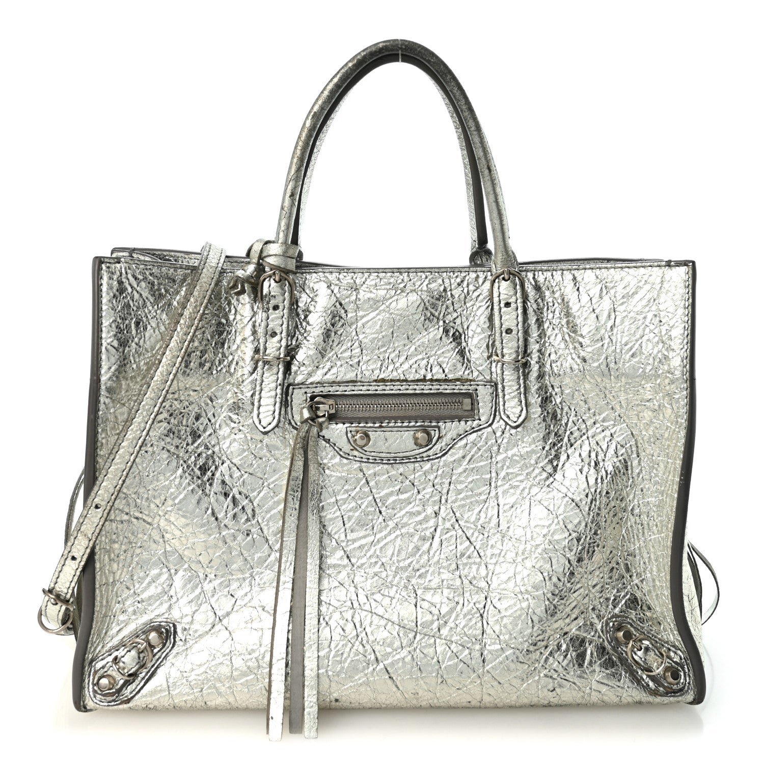 Balenciaga Metallic Calfskin Papier A6 Zip Around Tote Silver