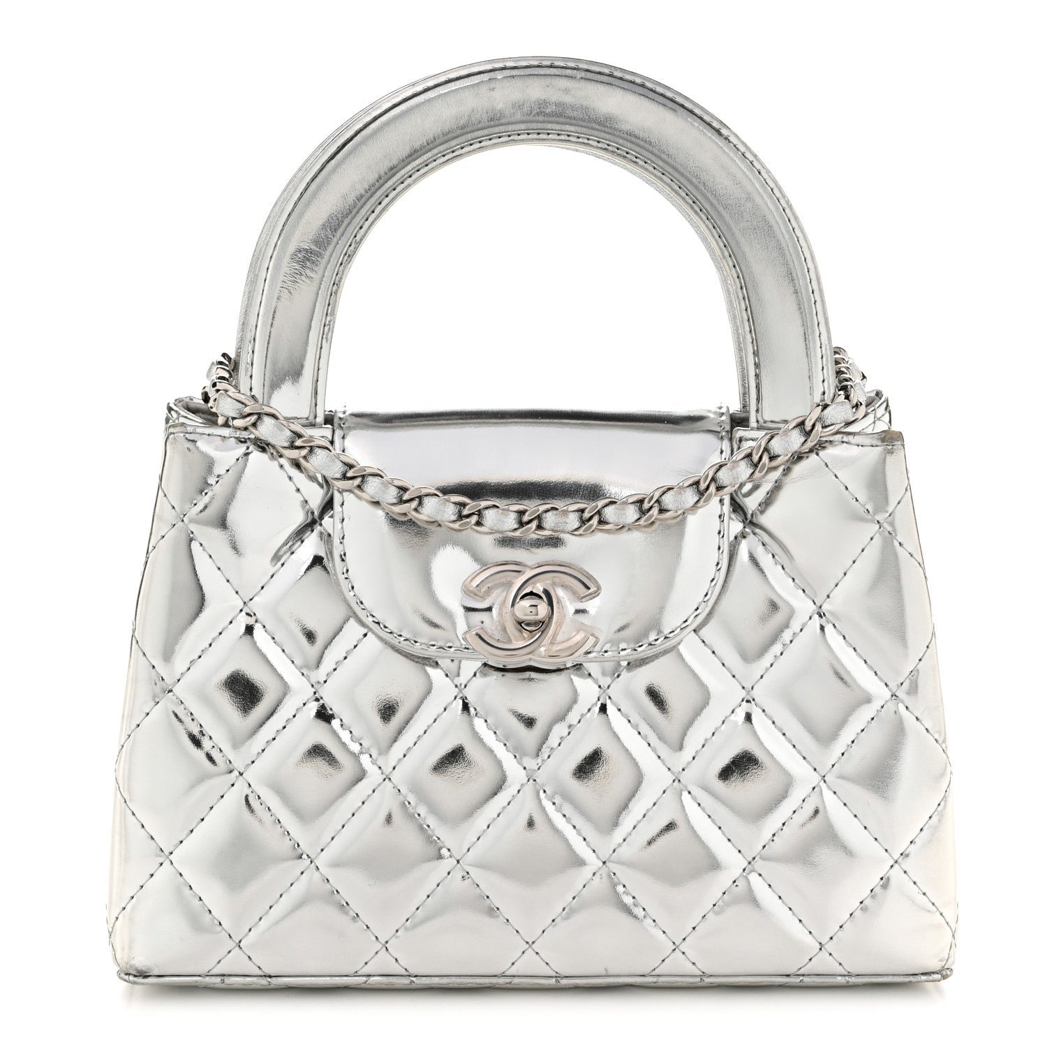 Chanel Mirror Calfskin Metallic Calfskin Quilted Nano Kelly Shopper Silvery