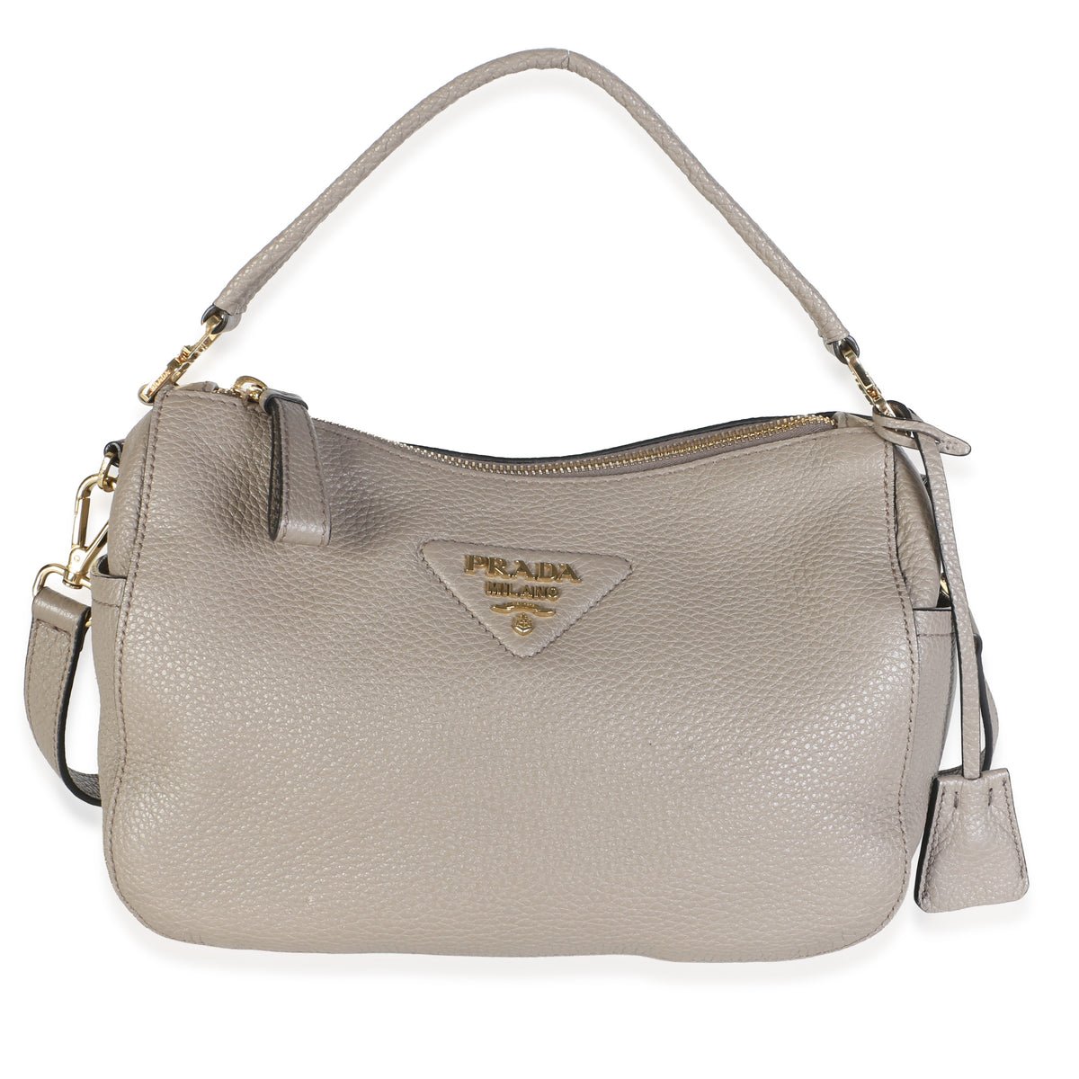 Prada Clay Gray Grained Calfskin Small Triangle Logo Shoulder Bag