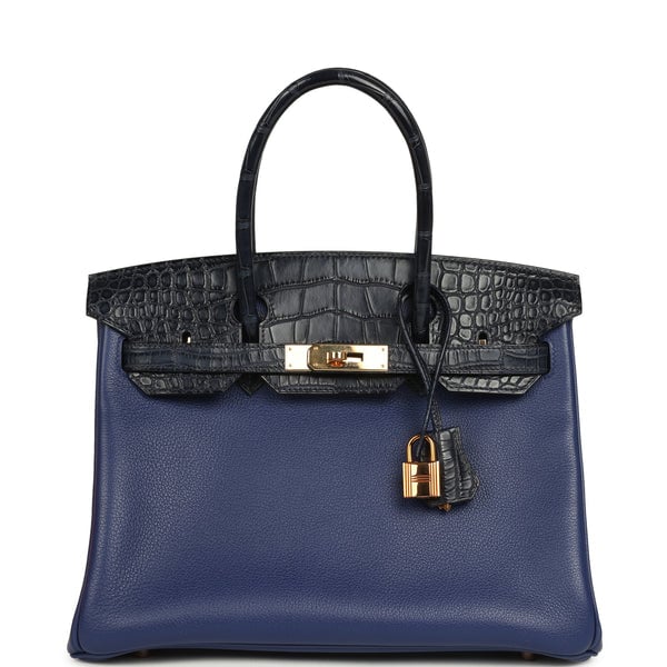 Pre-owned Hermes Birkin 30 Bleu Saphir Novillo, Bleu Marine Matte Alligator Touch Rose Gold Hardware