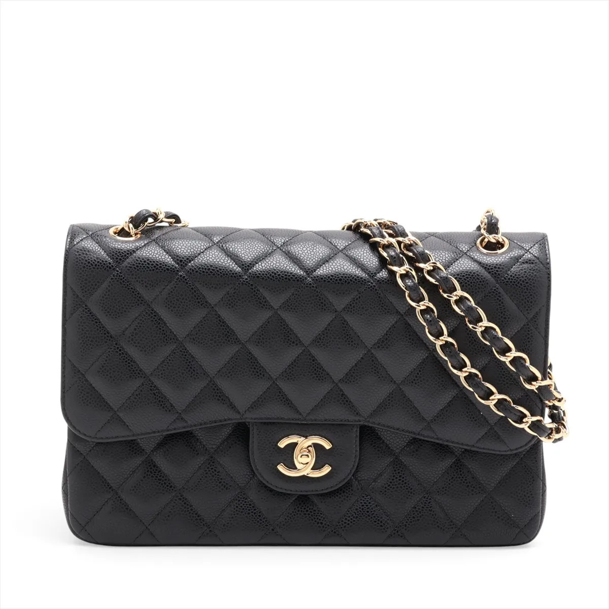 Chanel DEKAMATRASSE 30 Large Caviar Skin Double Flap Double Chain Bag Black Gold