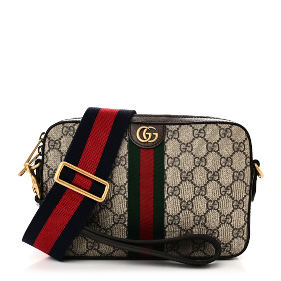 Gucci GG Supreme Monogram Textured Dollar Calfskin Web Ophidia Wristlet Shoulder Bag Beige Ebony New Acero