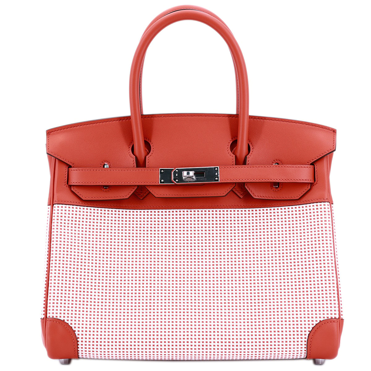 HERMÈS Limited Edition Birkin Quadrille 30 handbag in Tri-color Toile Quadrille canvas and Sanguine Swift leather with Palladium hardware