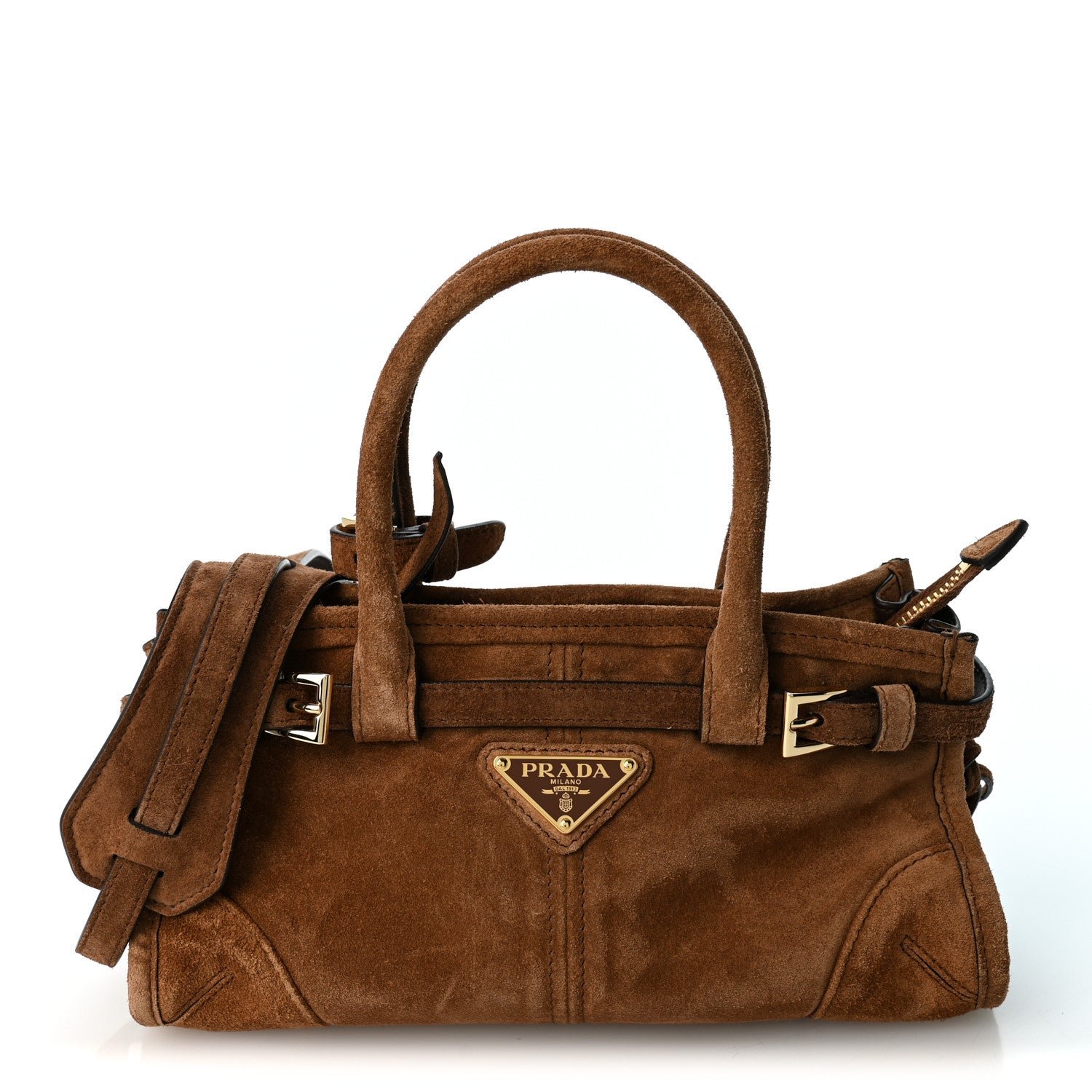 Prada Suede Triangle Mini Bonnie Shoulder Bag Cacao