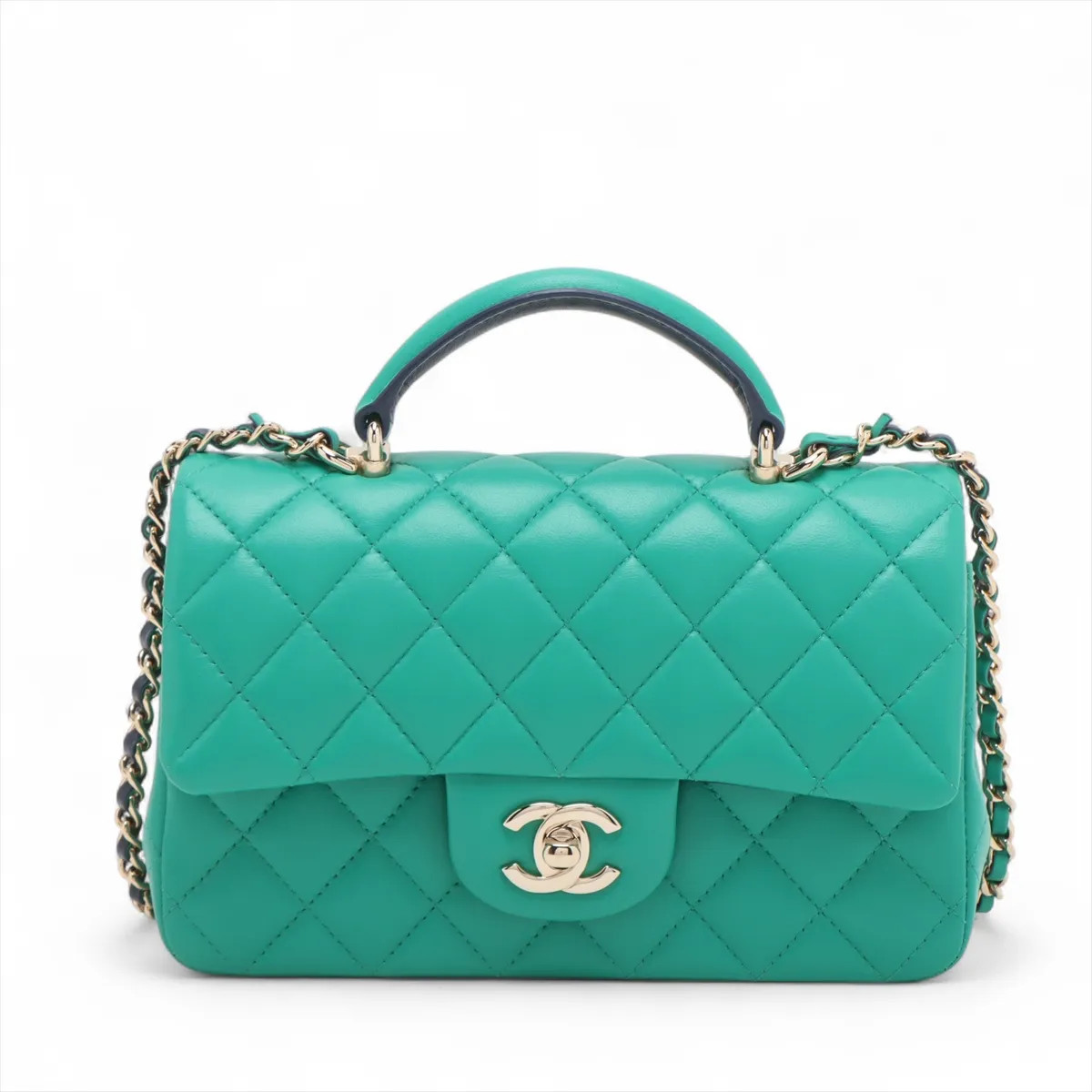 Chanel Matelasse Lambskin 2 Way Shoulder Bag Top Handle Green Gold Metal Fitting