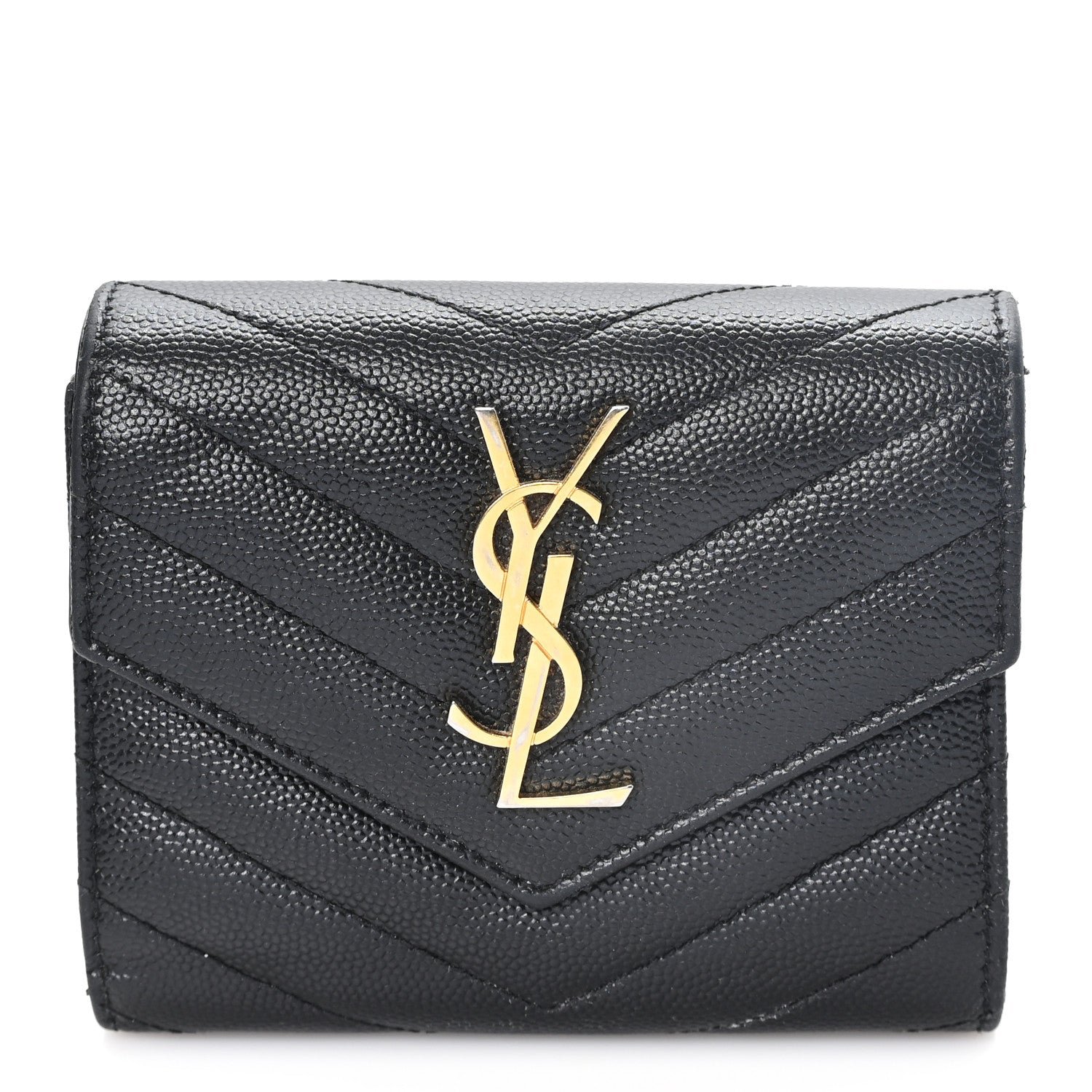 Saint Laurent Grain De Poudre Matelasse Chevron Monogram Compact Tri Fold Wallet Black
