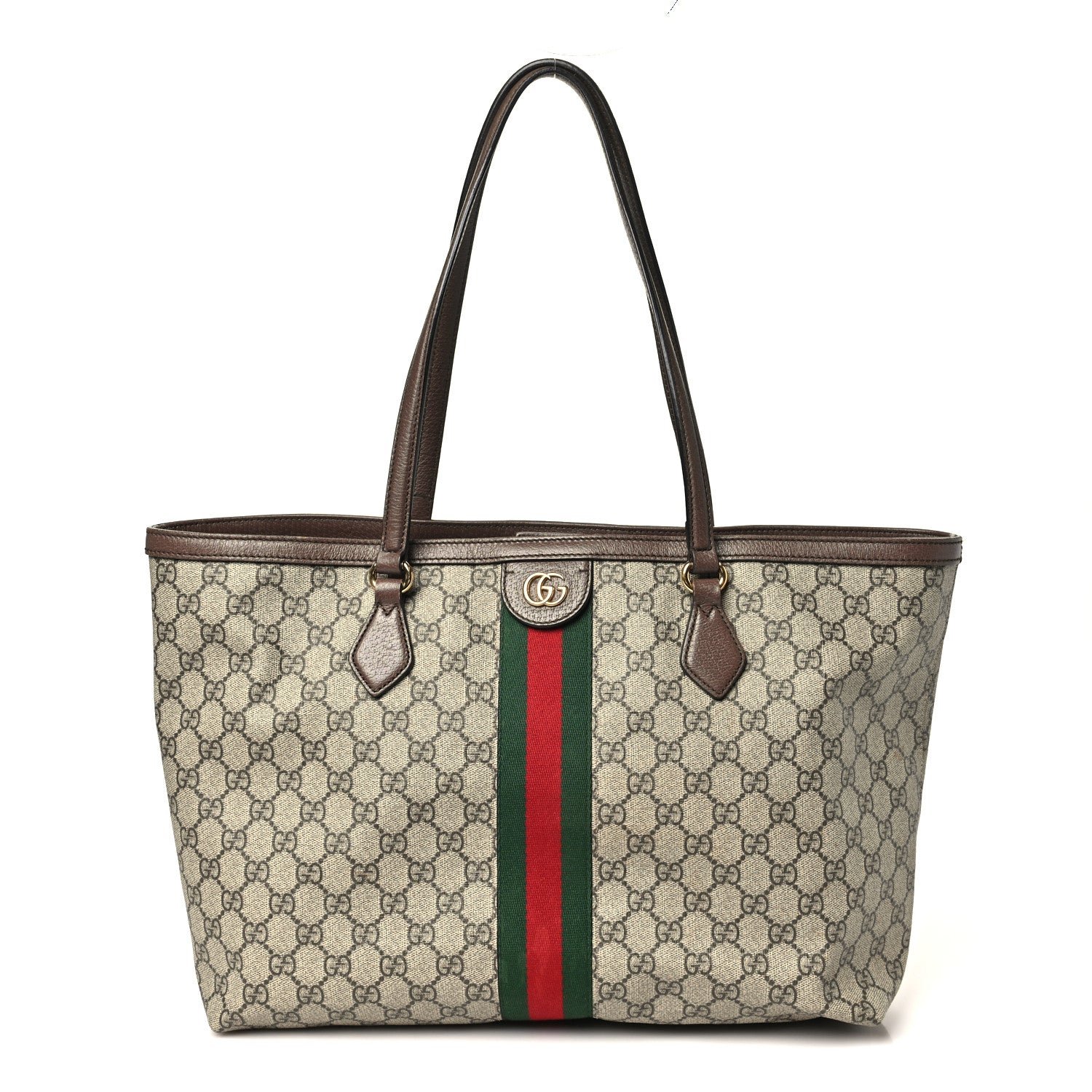 Gucci GG Supreme Monogram Textured Calfskin Web Medium Ophidia Shopping Tote Beige Ebony New Acero