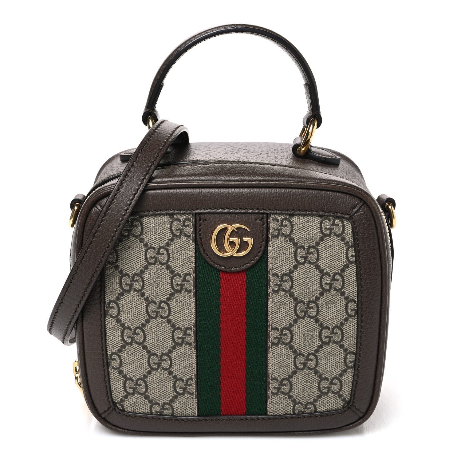 Gucci GG Supreme Monogram Textured Dollar Calfskin Mini Ophidia Top Handle Square Shoulder Bag Beige Ebony New Acero