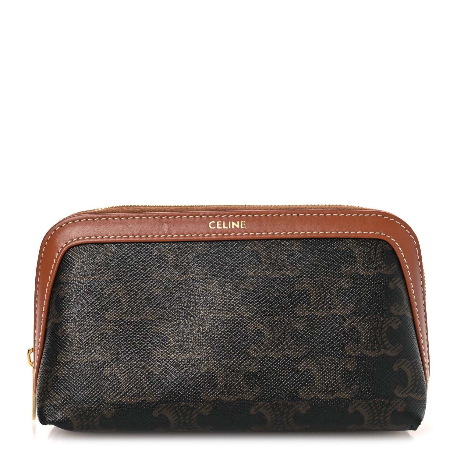 Celine Celine Triomphe Canvas Calfskin Small Cosmetic Pouch Tan