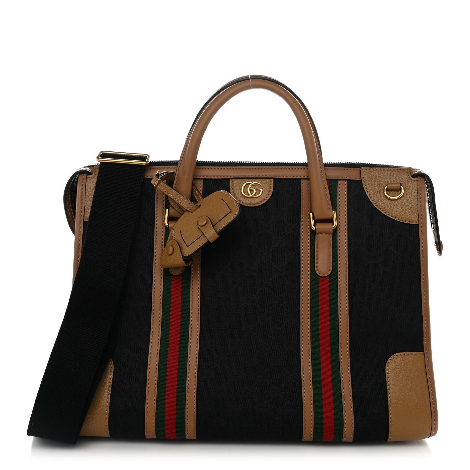Gucci Monogram Textured Dollar Calfskin Web XL Bauletto Duffle Top Handle Bag Black Koi Beige