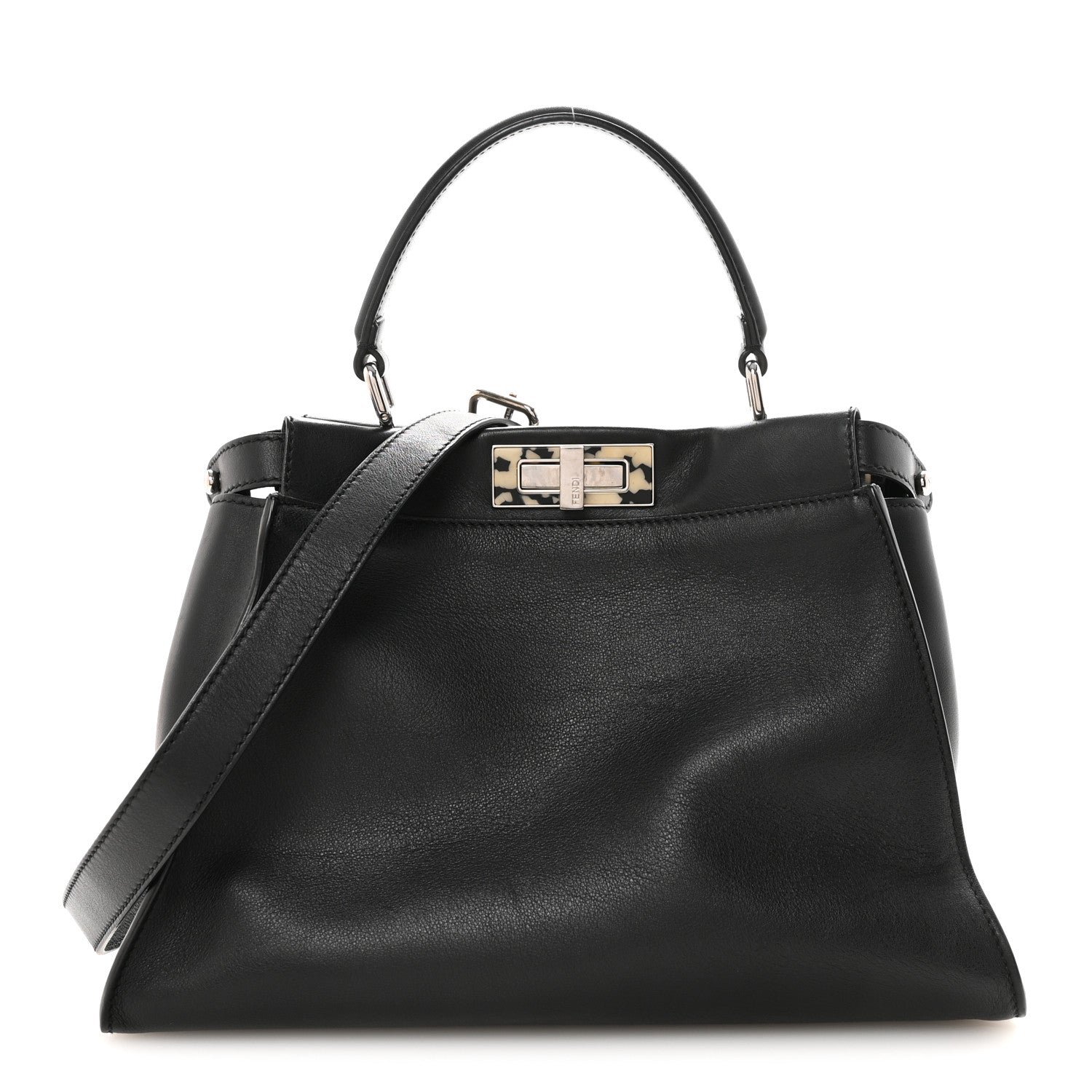 Fendi Vitello Dolce Shiny Nappa Plexglass Granite Medium Peekaboo Iconic Satchel Black