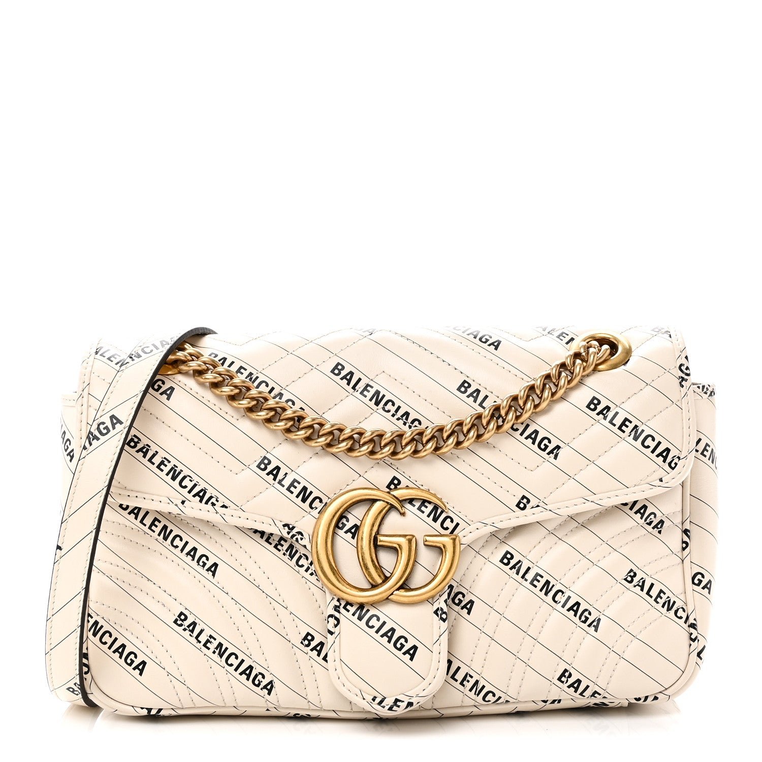 Gucci X BALENCIAGA Calfskin Matelasse Logo Print Small GG Marmont Shoulder Bag White