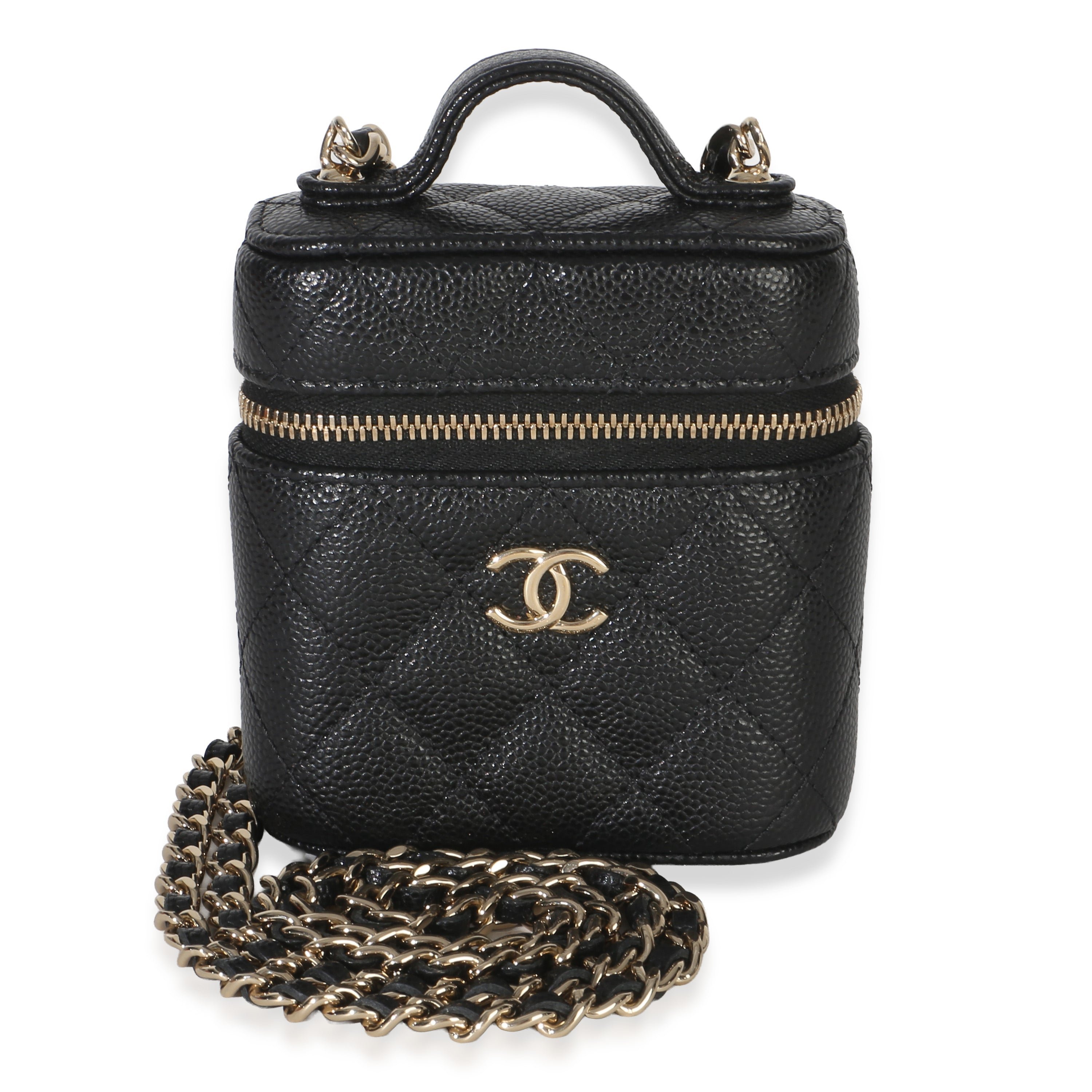 Black Quilted Caviar Small Handle With Care Vanity Case With Chain