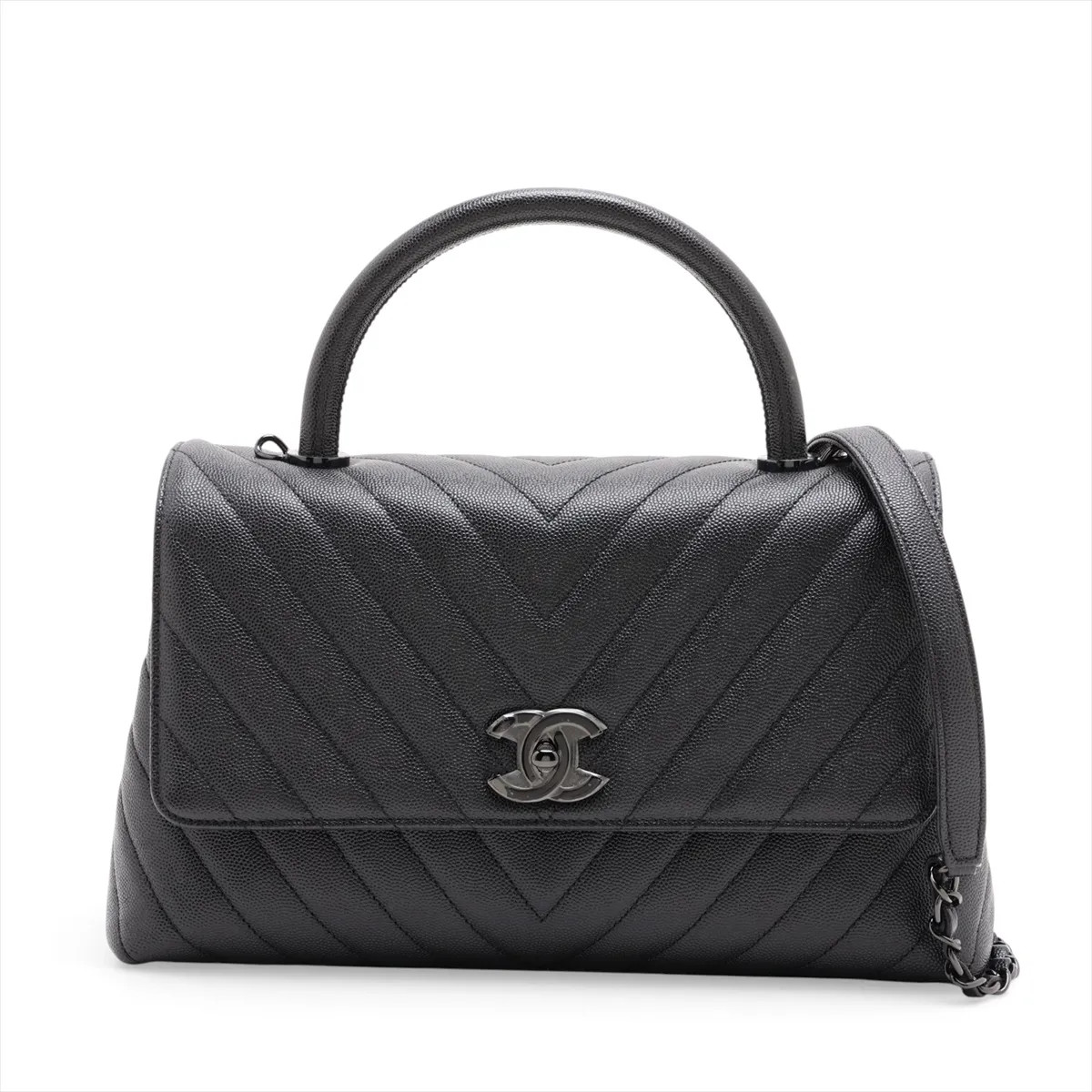 Chanel Coco handle 29 S Caviar Skin 2 Way Handbag V Stitch Chevron Black Black M