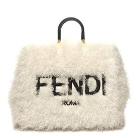 Fendi Mohair Vitello Aura Logo Embroidered Large Fendi Sunshine Shopper Tote White Ebano
