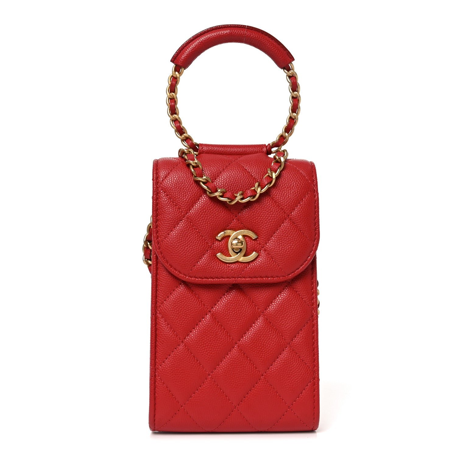 Chanel Caviar Quilted Chain Handle Round Phone Holder Red