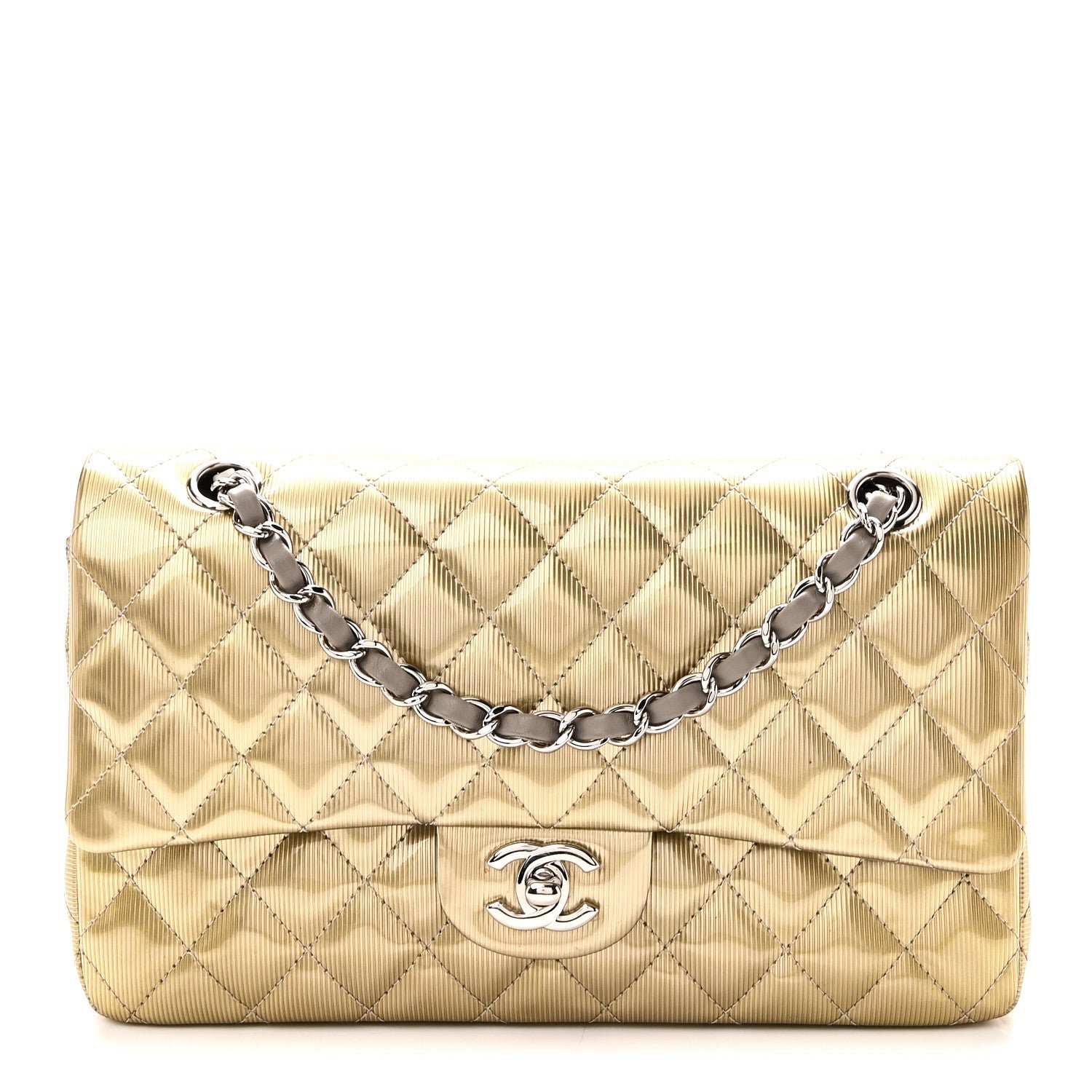 Chanel Striated Patent Quilted Medium Double Flap Gold