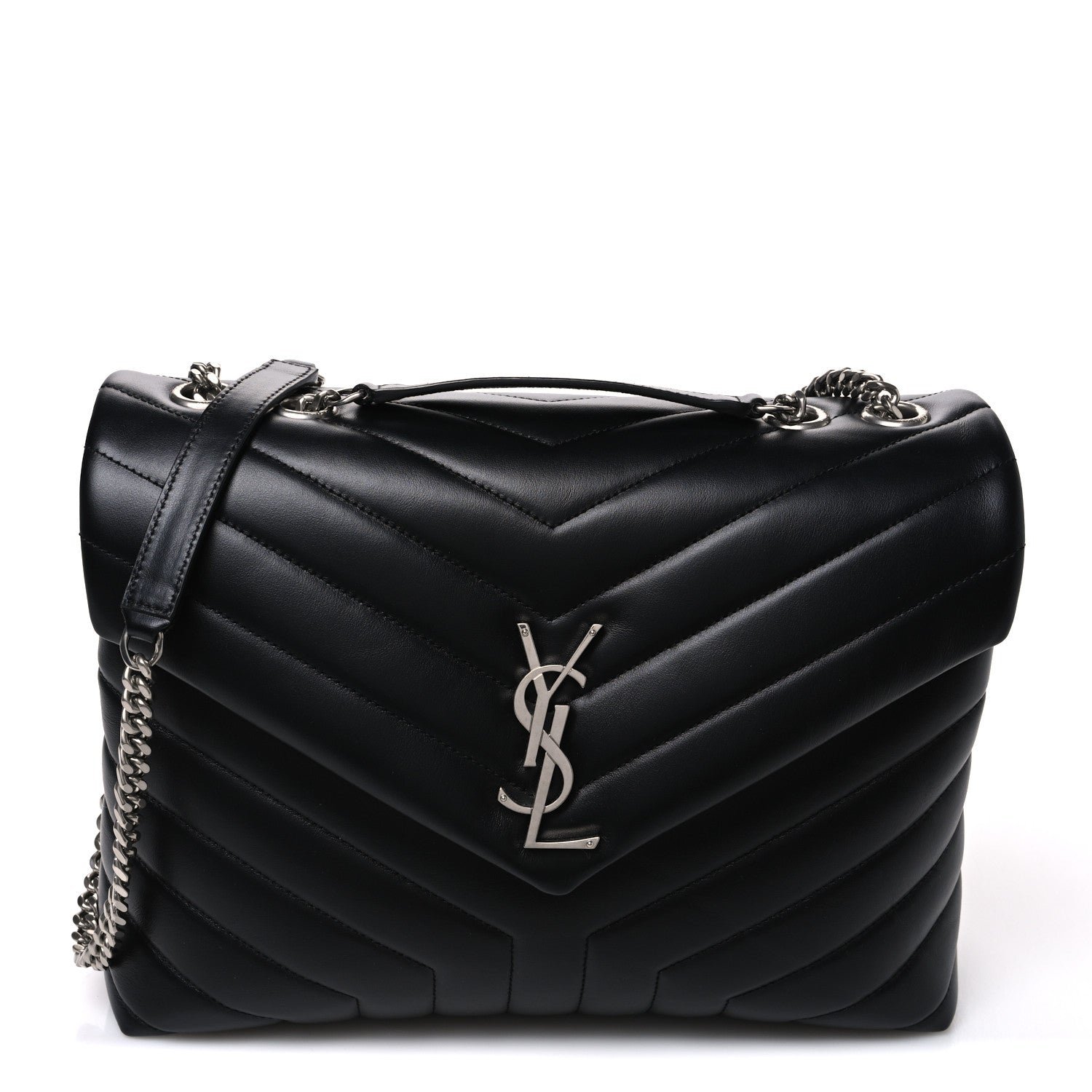 Saint Laurent Calfskin Y Quilted Monogram Medium Loulou Chain Satchel Black