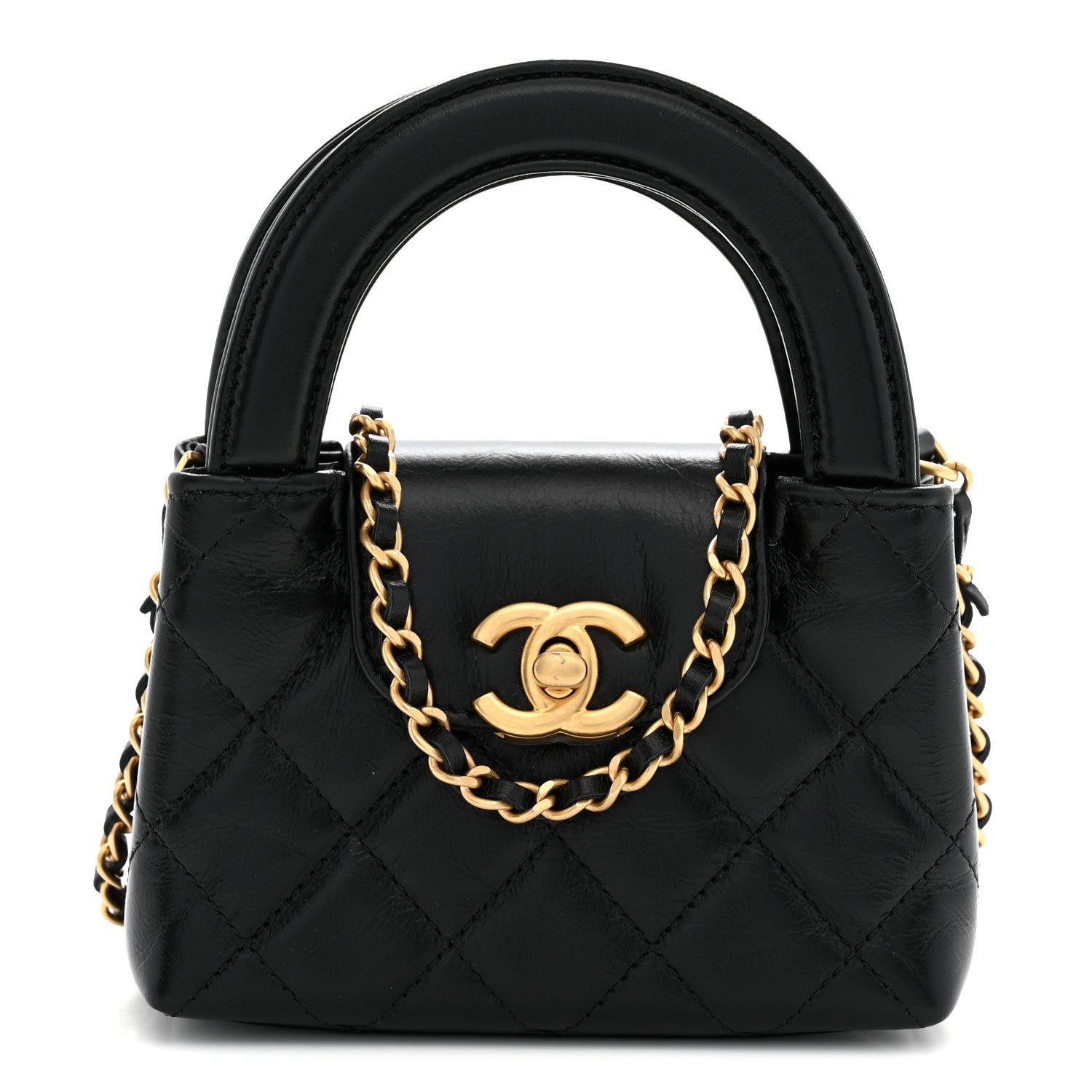 Chanel Shiny Aged Calfskin Quilted Mini Nano Kelly Shopper Black