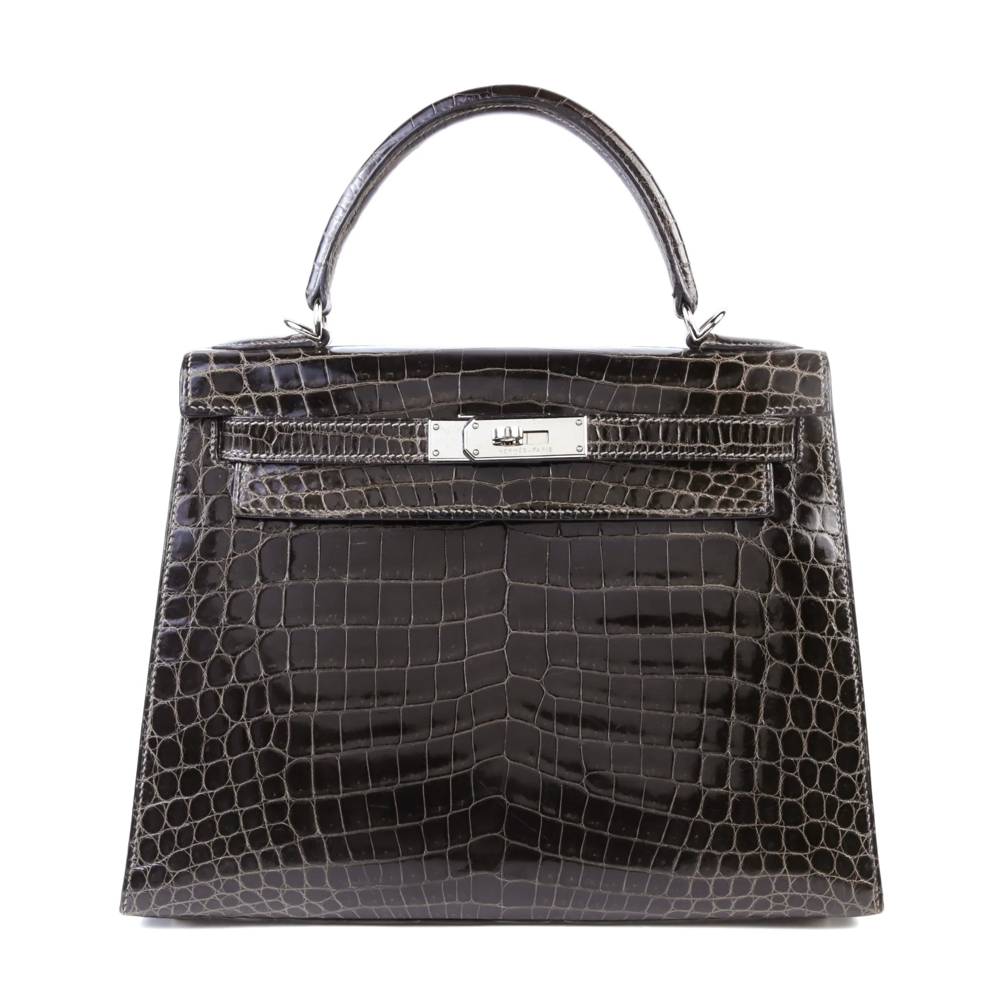 Hermes Kelly 28 Sellier Graphite (88) Shiny Niloticus Crocodile Palladium hardware Square H (2004)
