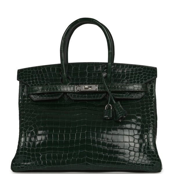 Pre-owned Hermes Birkin 35 Vert Fonce Shiny Porosus Crocodile Palladium Hardware
