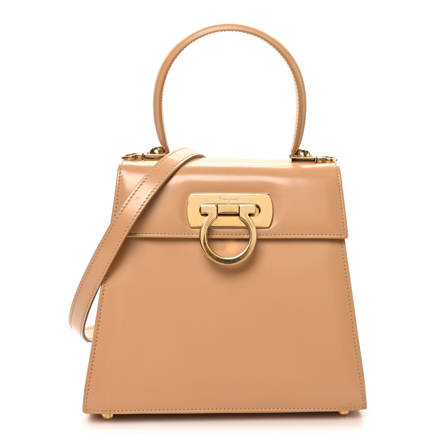 Salvatore Ferragamo Salvatore Ferragamo Brushed Off Calfskin Small Iconic Top Handle Camel