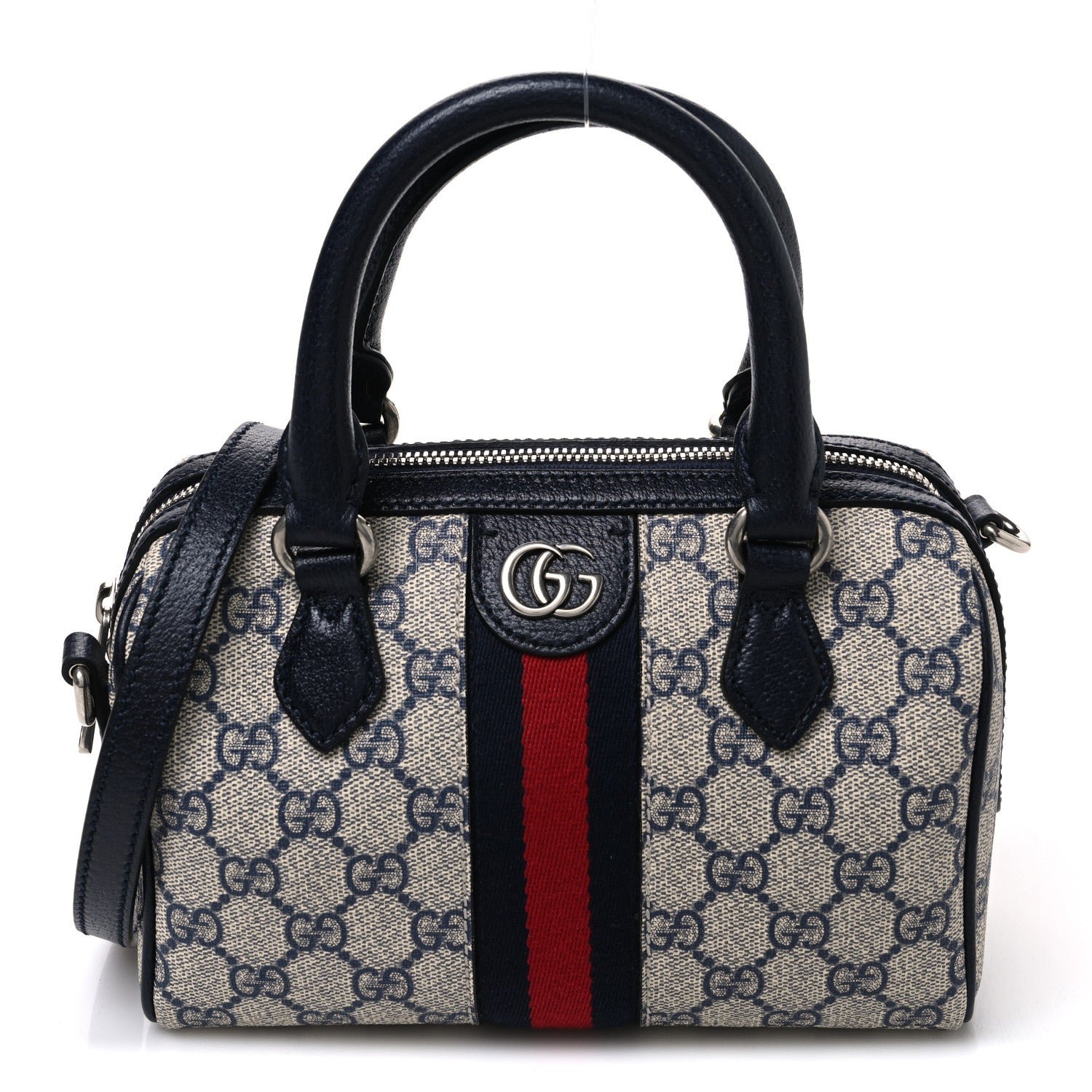 Gucci GG Supreme Monogram Textured Dollar Calfskin Web Mini Ophidia Top Handle Bag Beige Blue