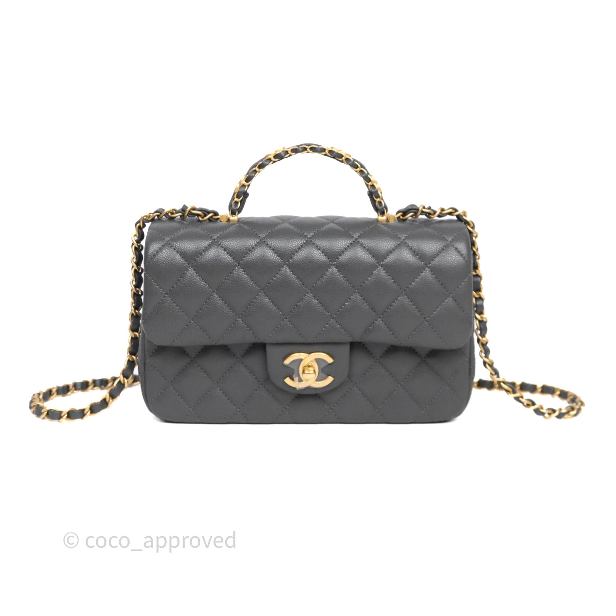 Chanel Quilted CC Top Handle Flap Bag Grey Caviar Aged Gold Hardware