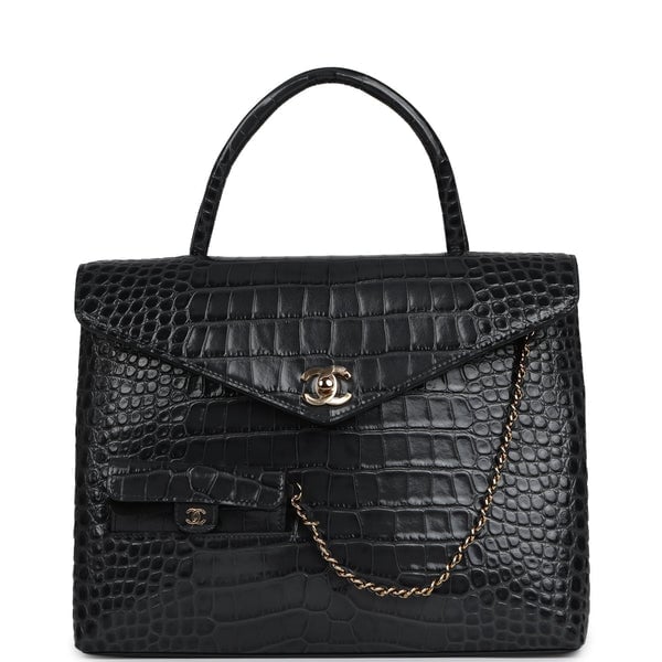 Chanel Top Handle Envelope Flap Bag Grey Croc Embossed Calfskin Gold Hardware