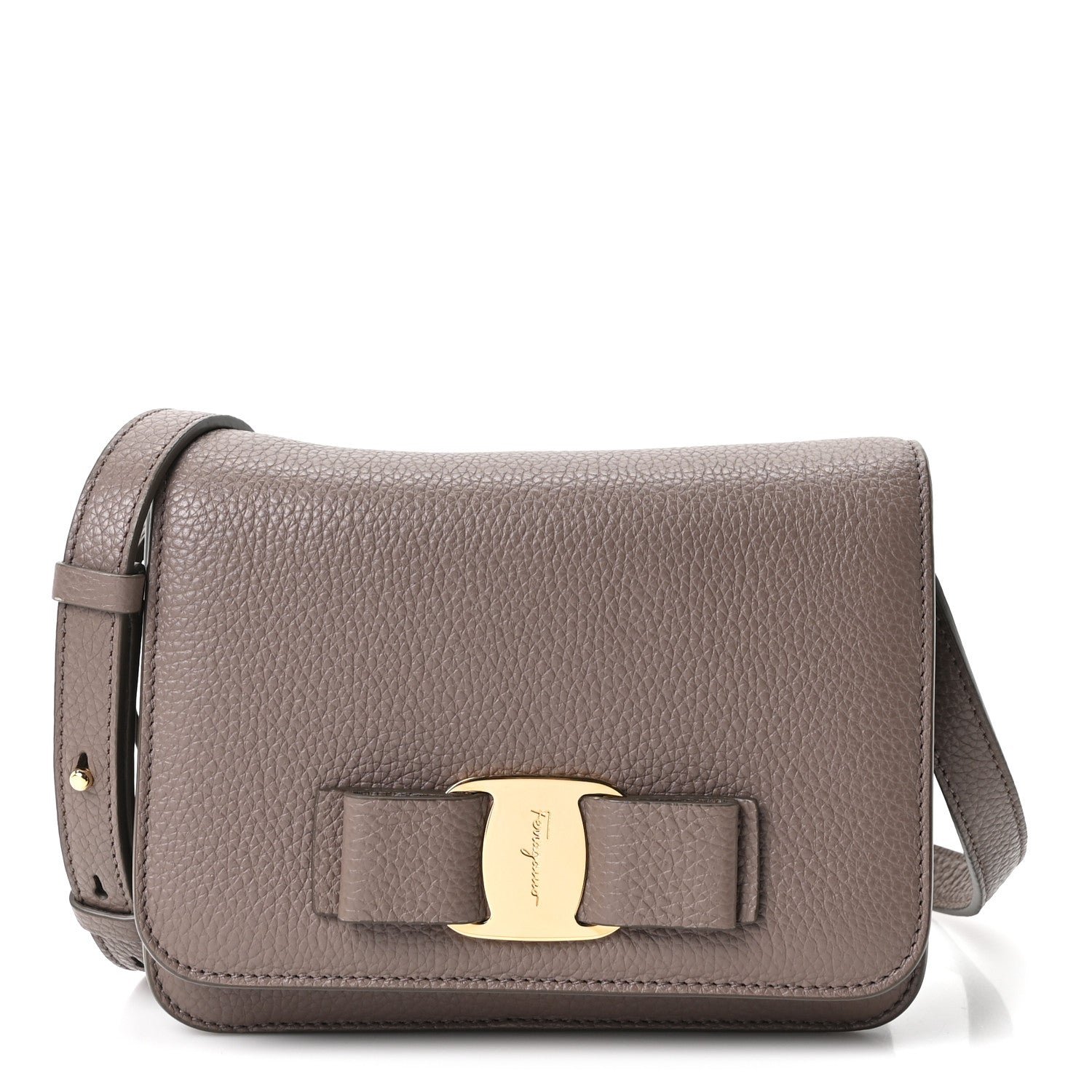 Salvatore Ferragamo Grained Calfskin Vara Bow Chain Flap Crossbody Brown