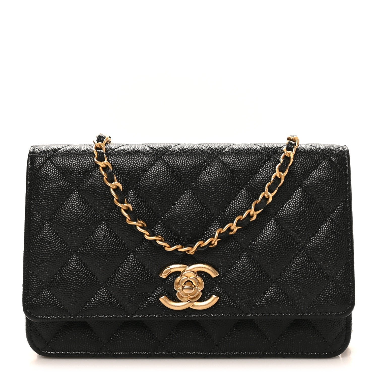 Chanel Caviar Quilted Camellia Wallet On Chain WOC Black