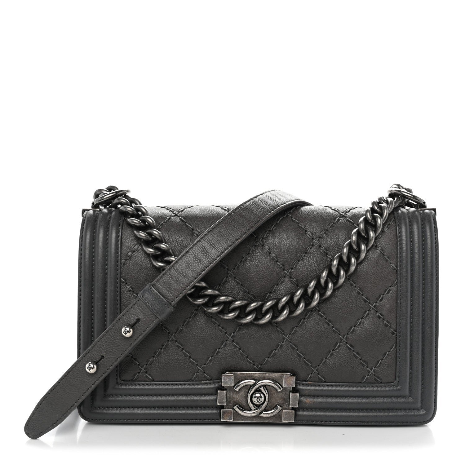 Chanel Calfskin Double Stitch Medium Boy Flap Grey