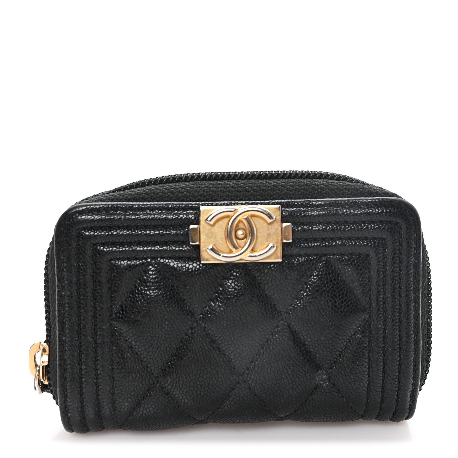 Chanel Caviar Quilted Boy Zip Around Coin Purse Wallet Black
