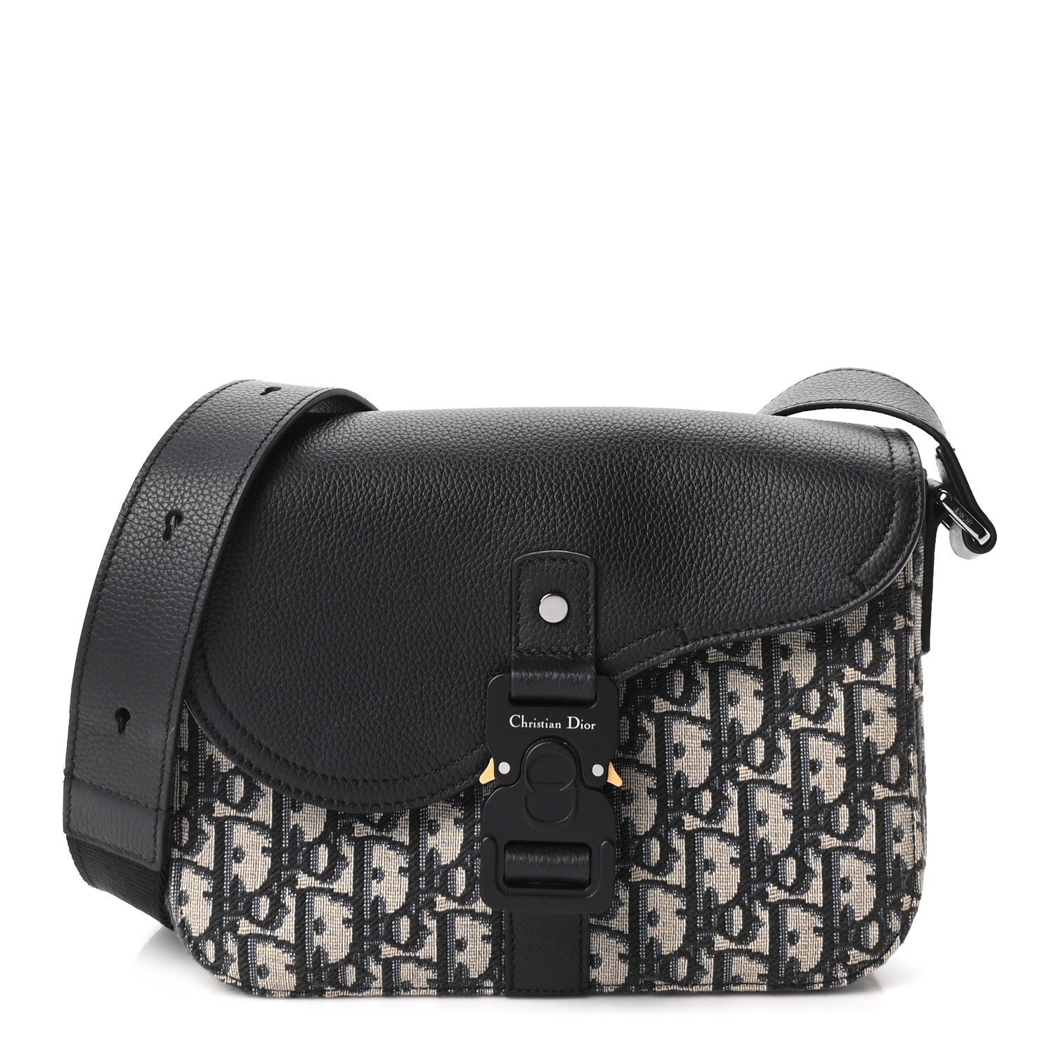 Christian Dior Oblique Jacquard Grained Calfskin Small Saddle Messenger Bag Beige Black